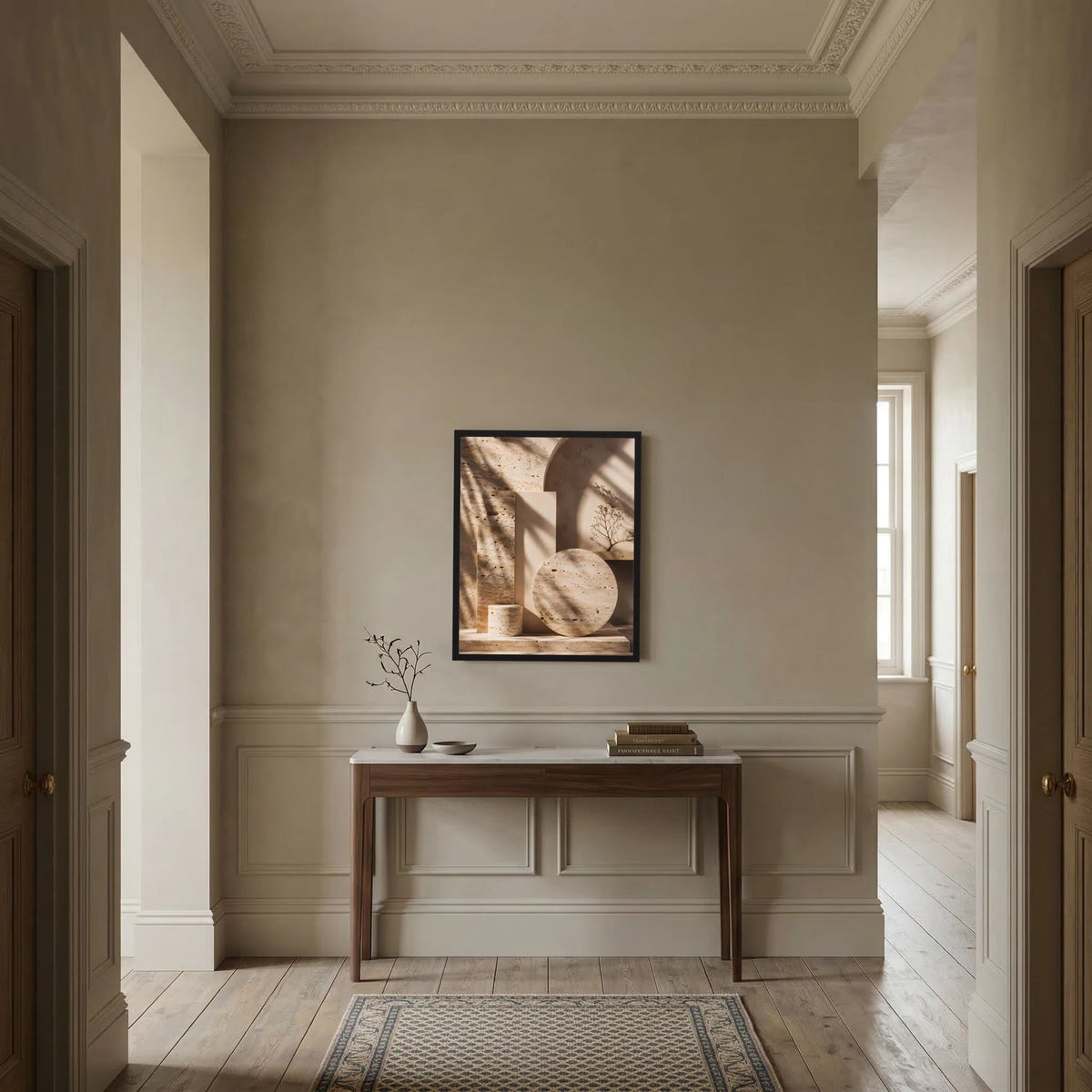 Abstraktes Architektur-Poster mit schwarzem Rahmen, beige Kreisscheibe und Naturzweig