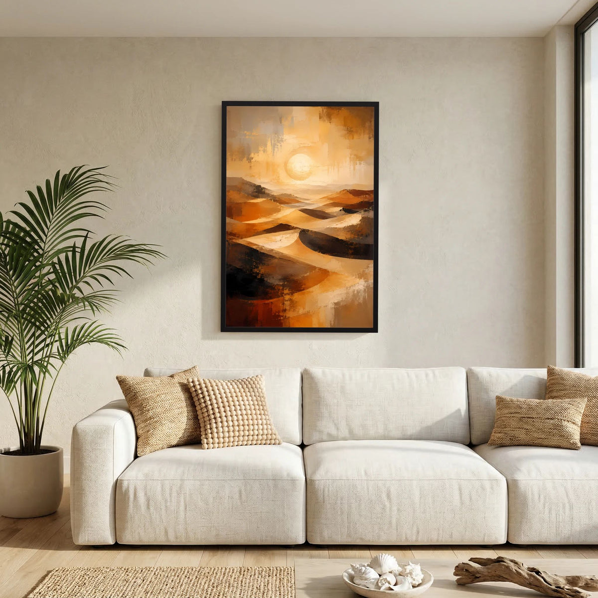 Wüstenkunst-Poster im Hochformat mit abstrakten Dünen in Gold und Orange, schwarz gerahmt