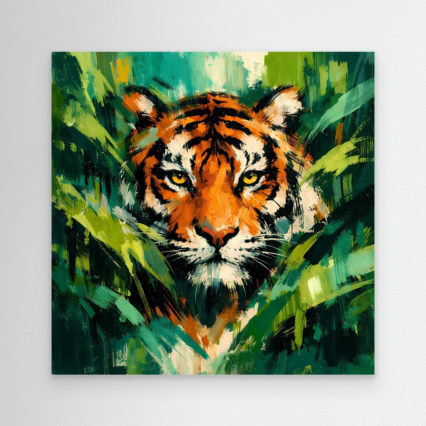 Leinwand Abstraktes Tiger Gemälde | Modernes Wandbild Raubkatze Dschungel Grün Orange