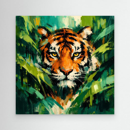 Leinwand Abstraktes Tiger Gemälde | Modernes Wandbild Raubkatze Dschungel Grün Orange