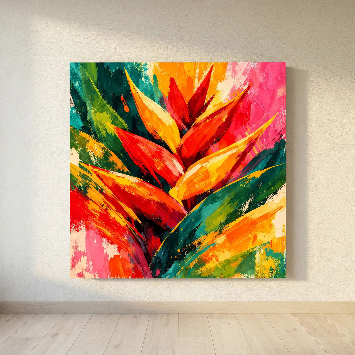 Leinwand Abstrakte Helikonie Blüte | Modernes Tropen Wandbild Bunt Exotisch