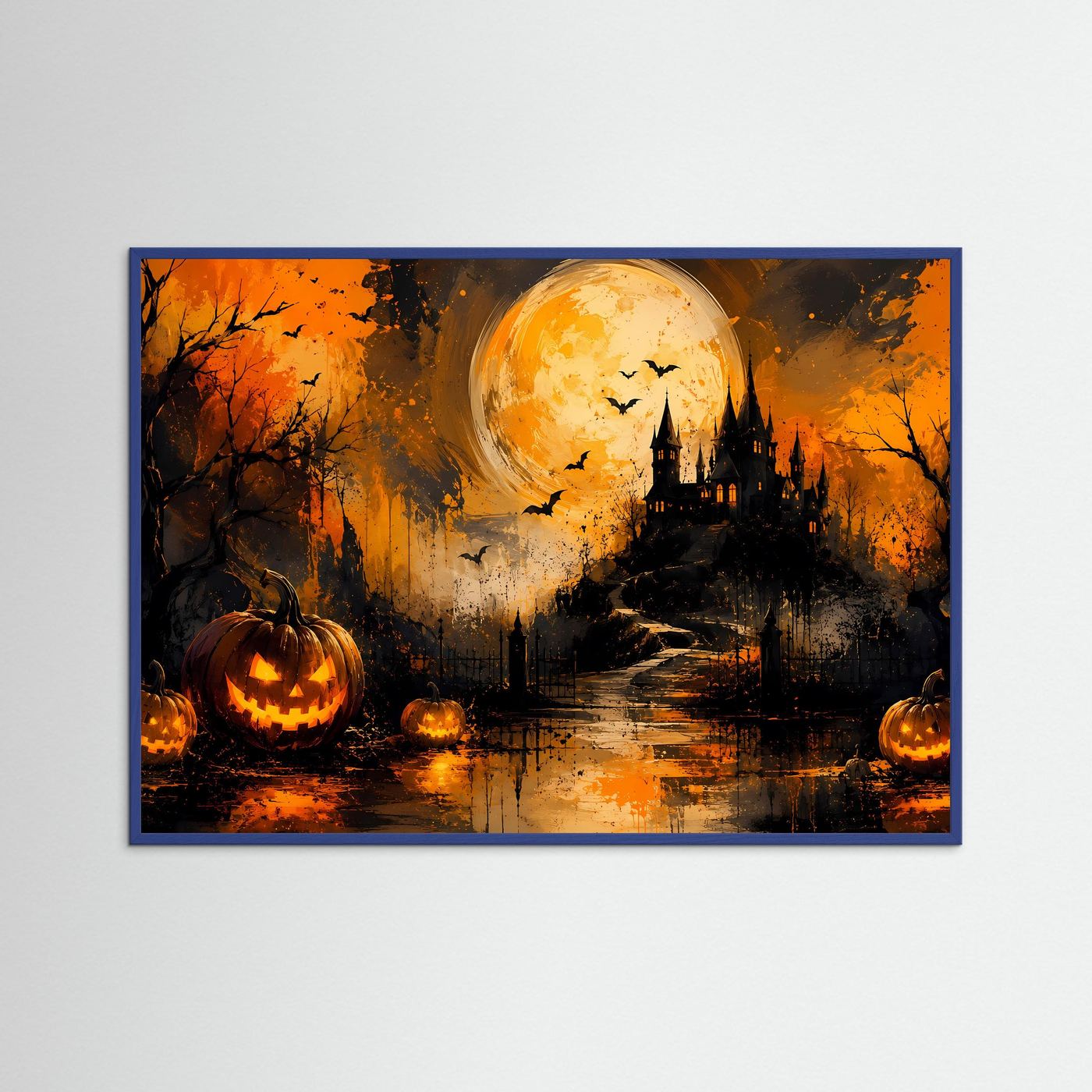 Halloween Poster | Spukschloss mit Kürbissen und Vollmond | Mystische Halloween Wandkunst | Düsterer Gothic Kunstdruck
