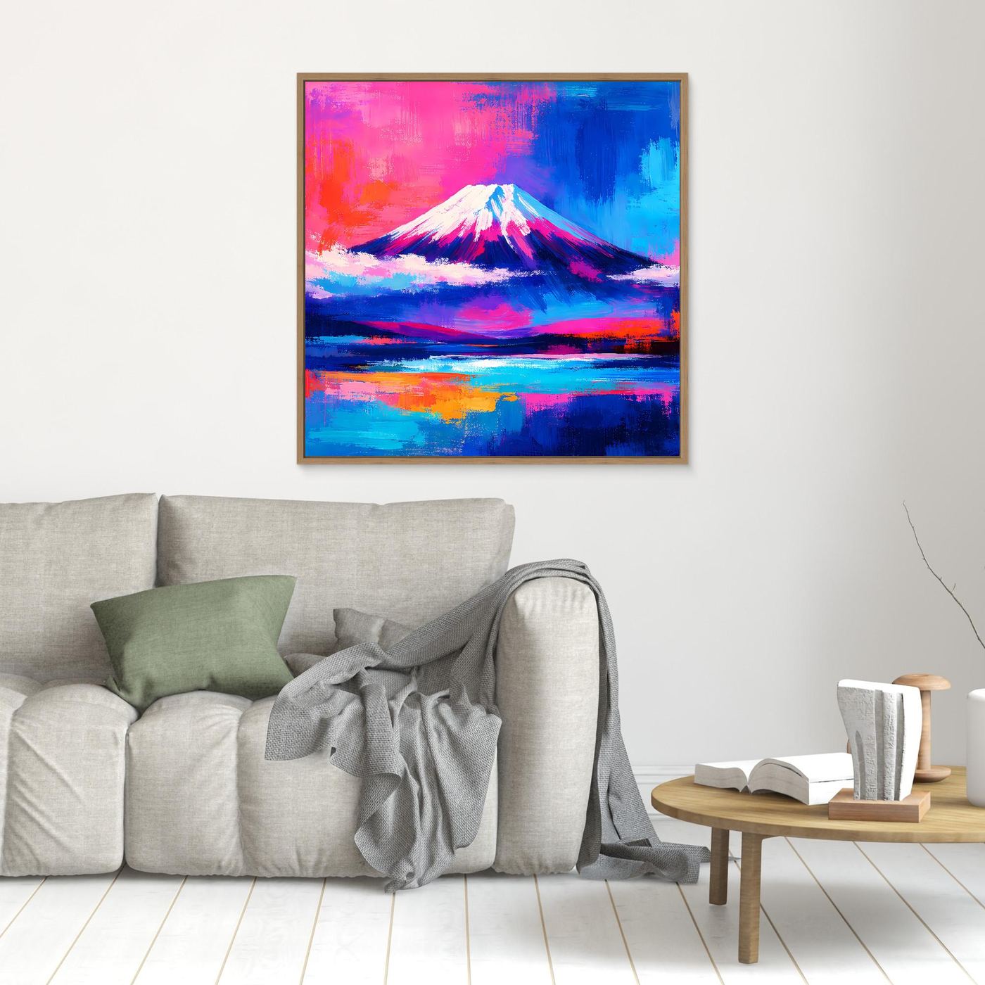 Leinwandbild Abstrakter Fuji bei Sonnenuntergang | Farbenfrohes Berg Wandbild auf echtem Holzkeilrahmen