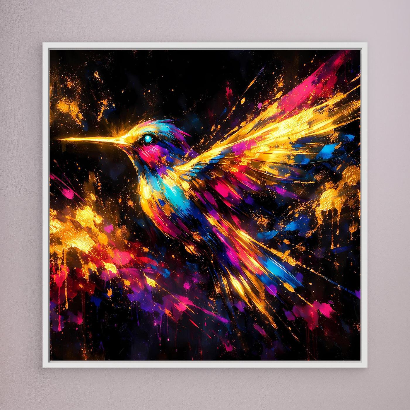 Leinwand Farbenfroher Kolibri im Flug | Abstraktes Modernes Wandbild Bunt