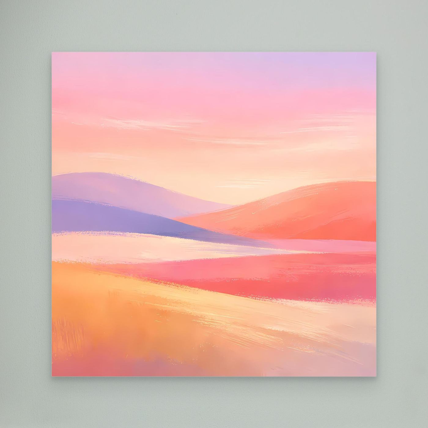 Leinwandbild mit abstrakter Hügellandschaft in Pastellfarben: Rosa, Lila und Orange.