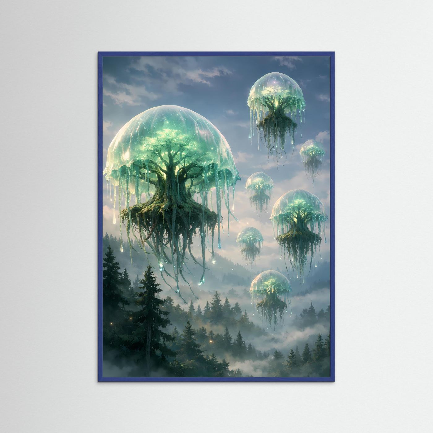 Kunstposter im Hochformat mit blauem Rahmen; schwebende Quallen über nebligem Wald