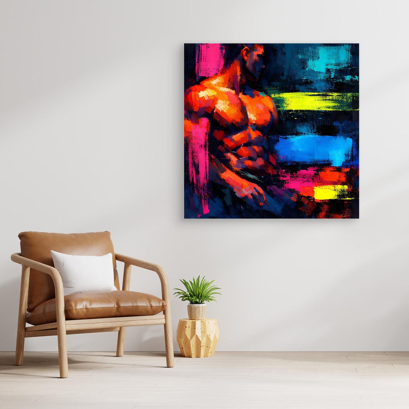 Leinwandbild Abstrakter Männlicher Torso | Moderner Neon-Kunst Wandbild auf echtem Holzkeilrahmen