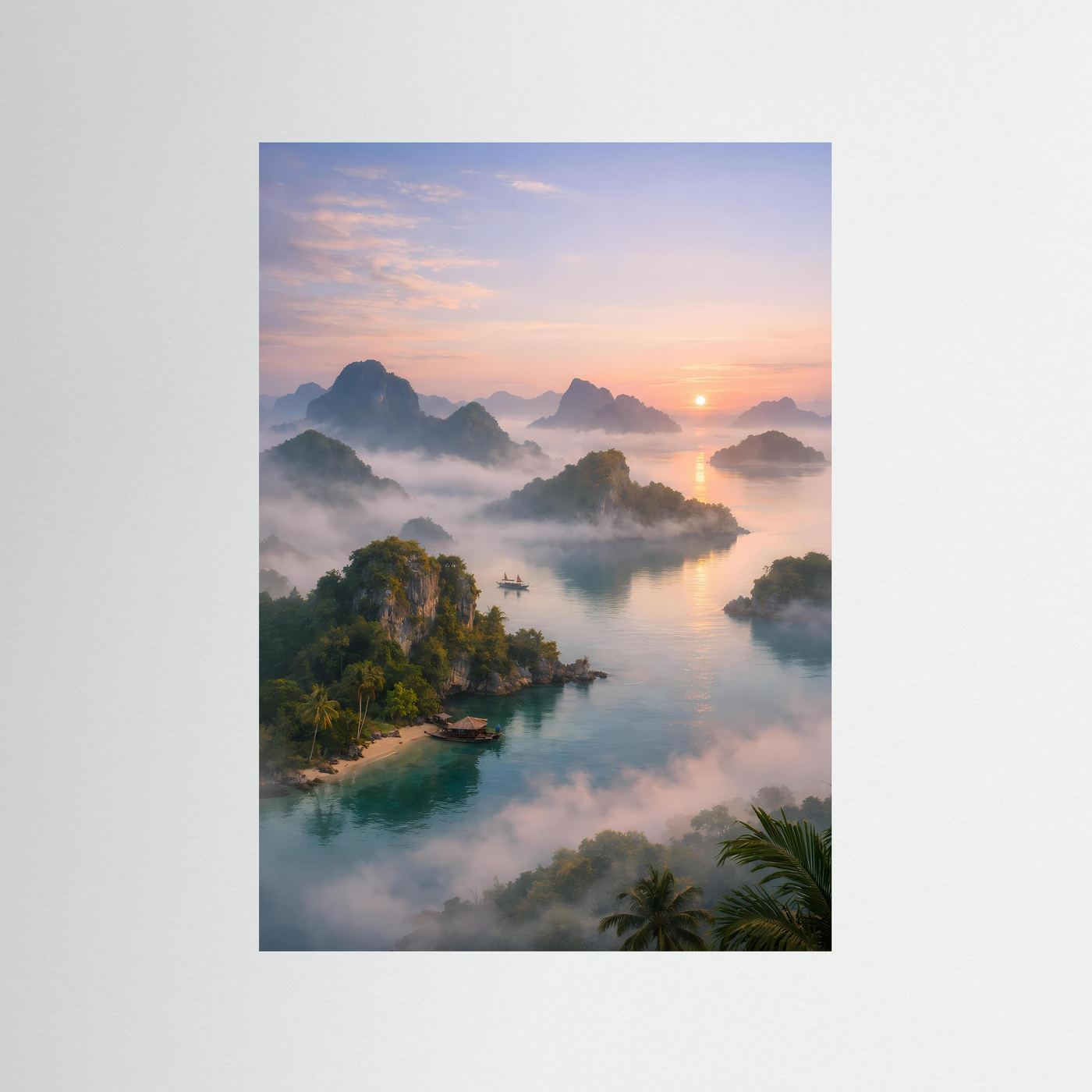 Alpenlandschaft-Poster im Hochformat mit Fluss, Nebel und Sonnenaufgang