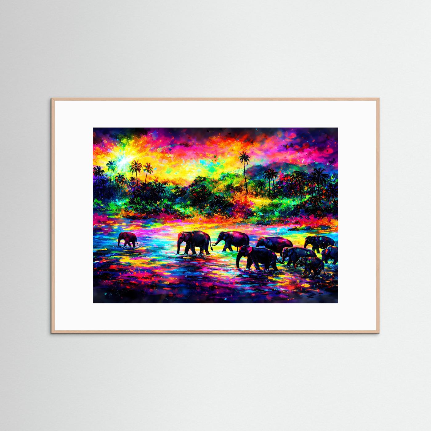 Kunstdruck mit bunter Elefantenherde in leuchtender Tropenlandschaft, heller Holzrahmen