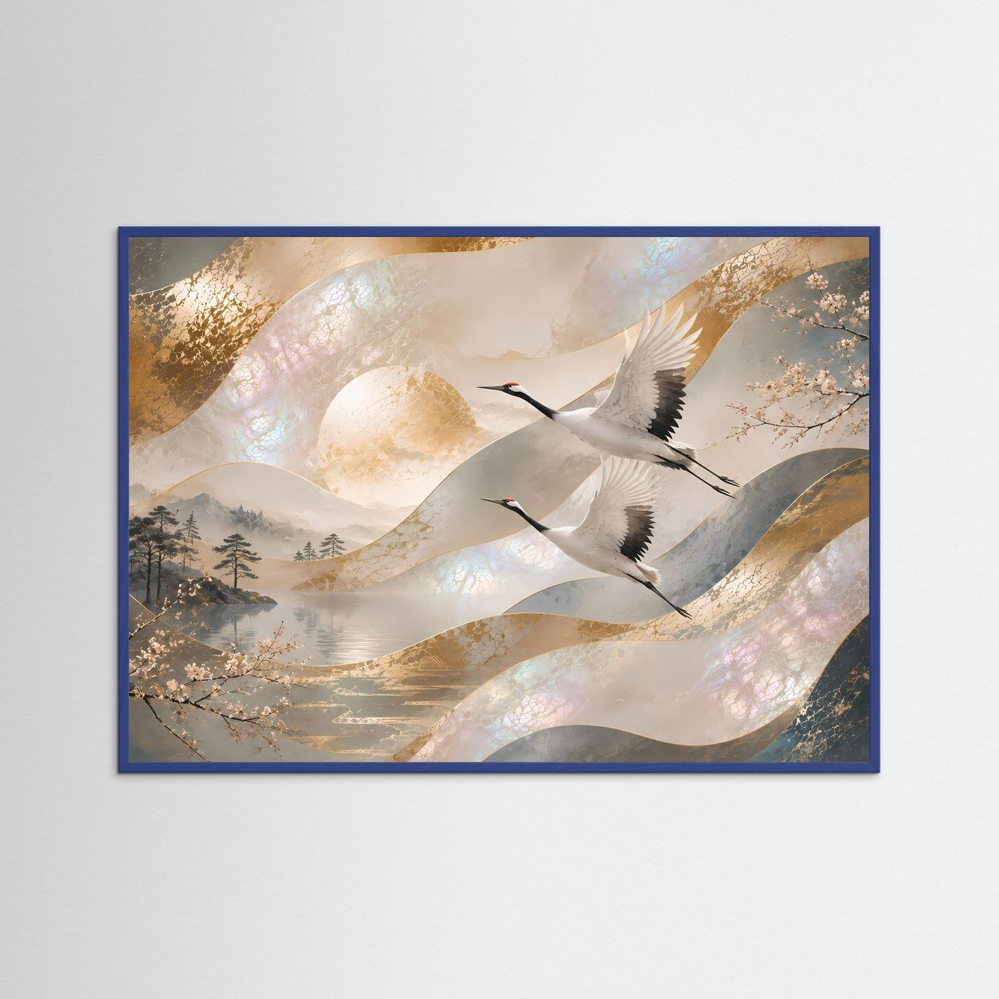 Japanische Kraniche im Flug | Elegante Perlmutt-Kunst in Gold & Creme