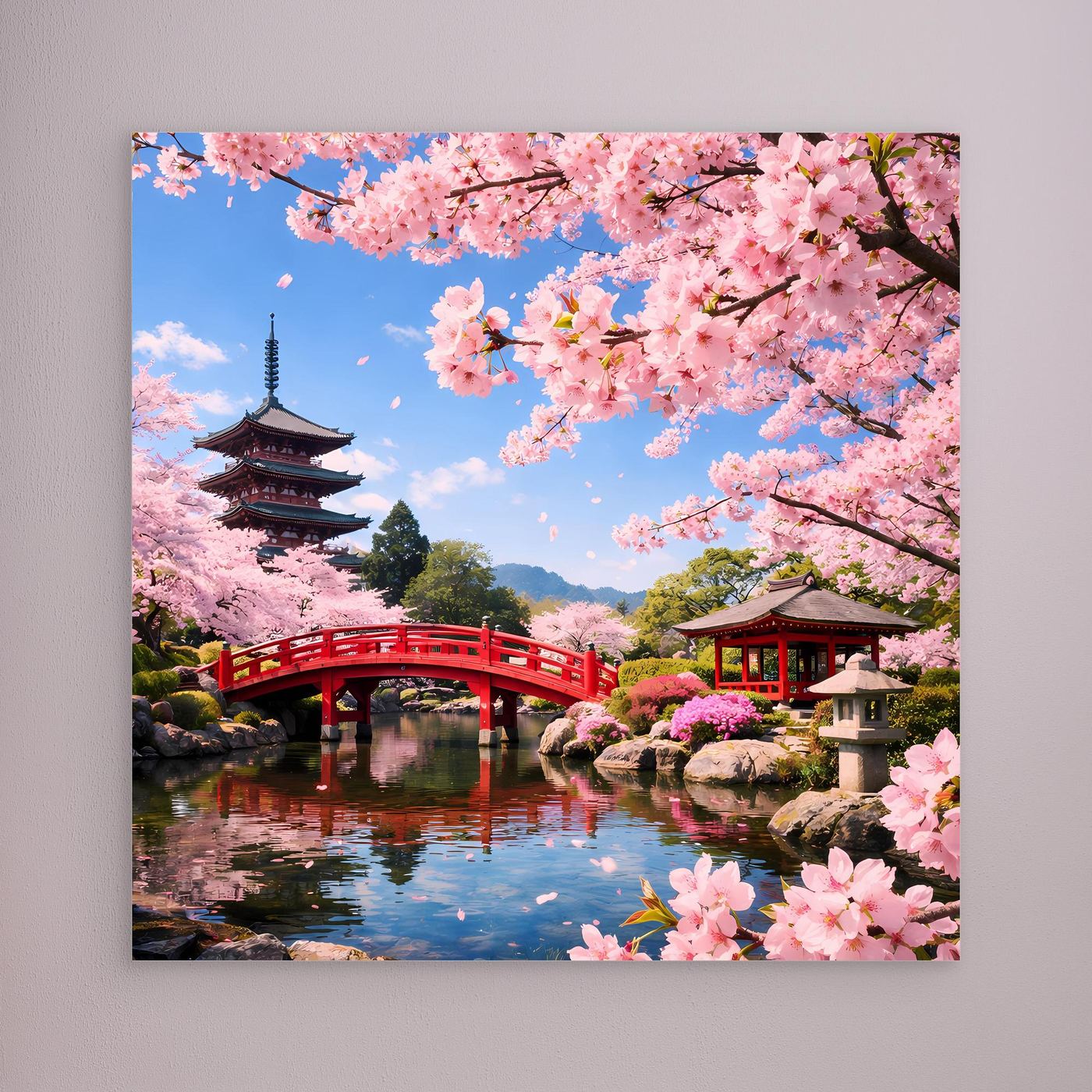 Leinwandbild: Kirschblüten über roter Brücke mit Pagode, ohne Rahmen