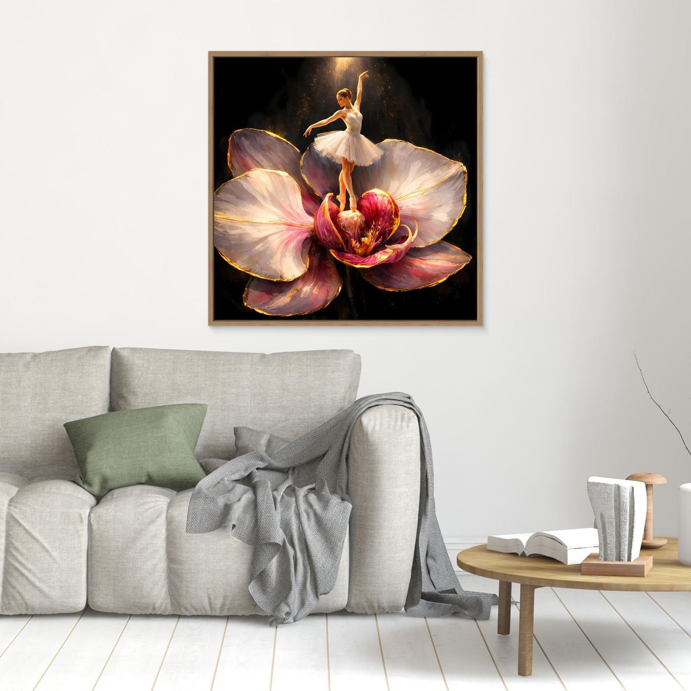 Premium Leinwand Elegante Ballerina auf Orchidee | Abstraktes Ballett Wandbild mit Goldakzenten