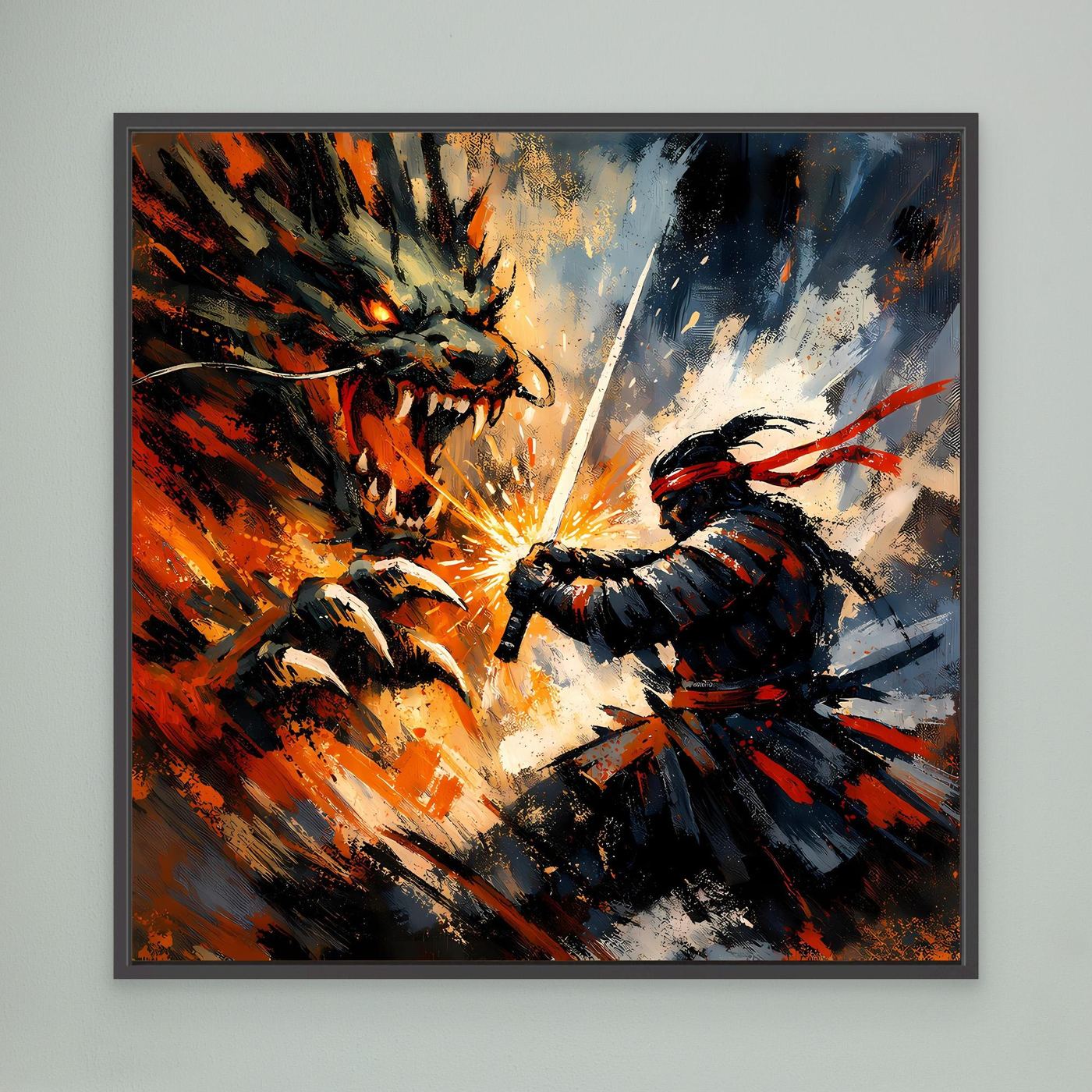 Premium Leinwand Samurai gegen Drache | Abstraktes Fantasy Wandbild Voller Dynamik & Kampfgeist