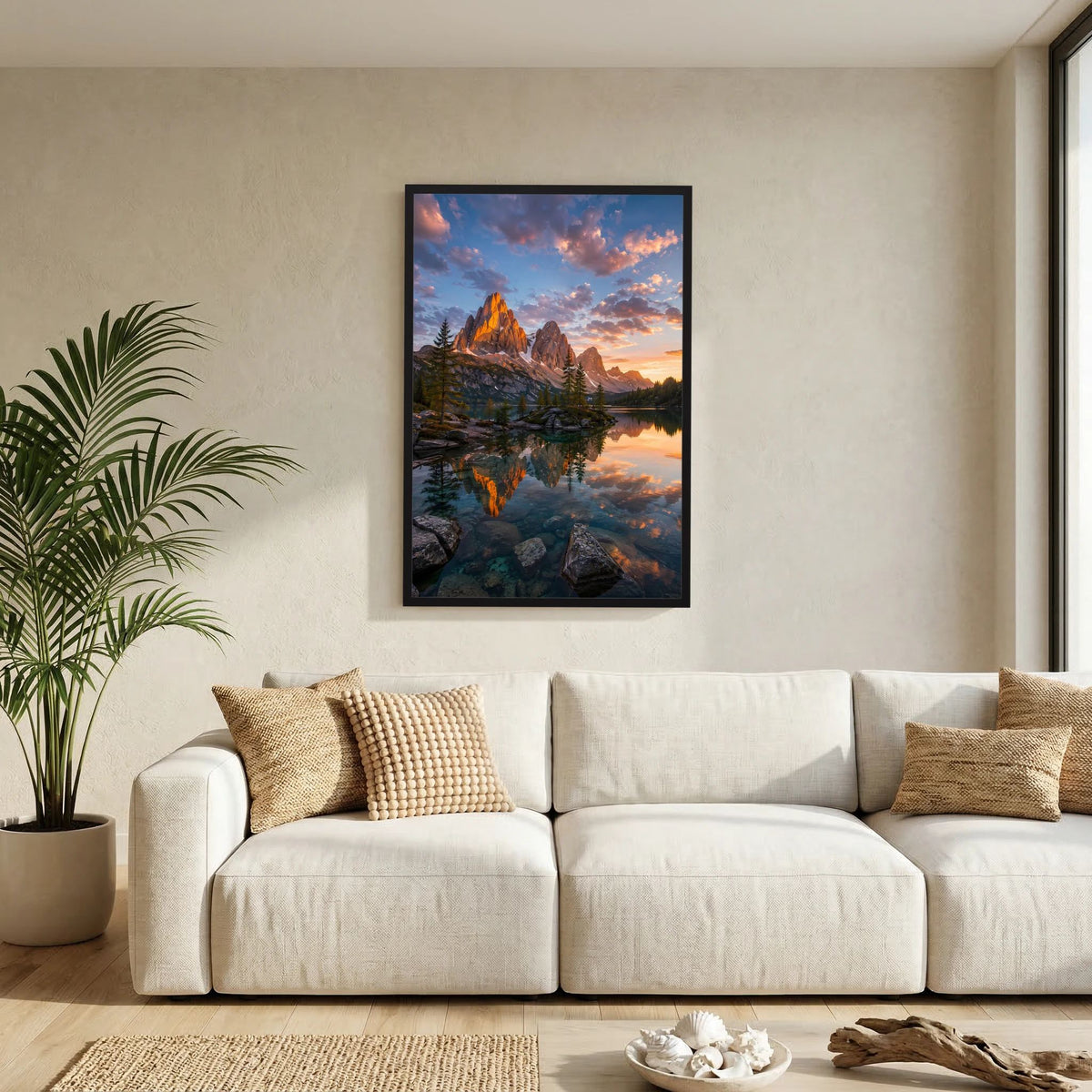 Bergsee im Sonnenuntergang | Leuchtende Berglandschaft mit Spiegelung | Poster Hochformat