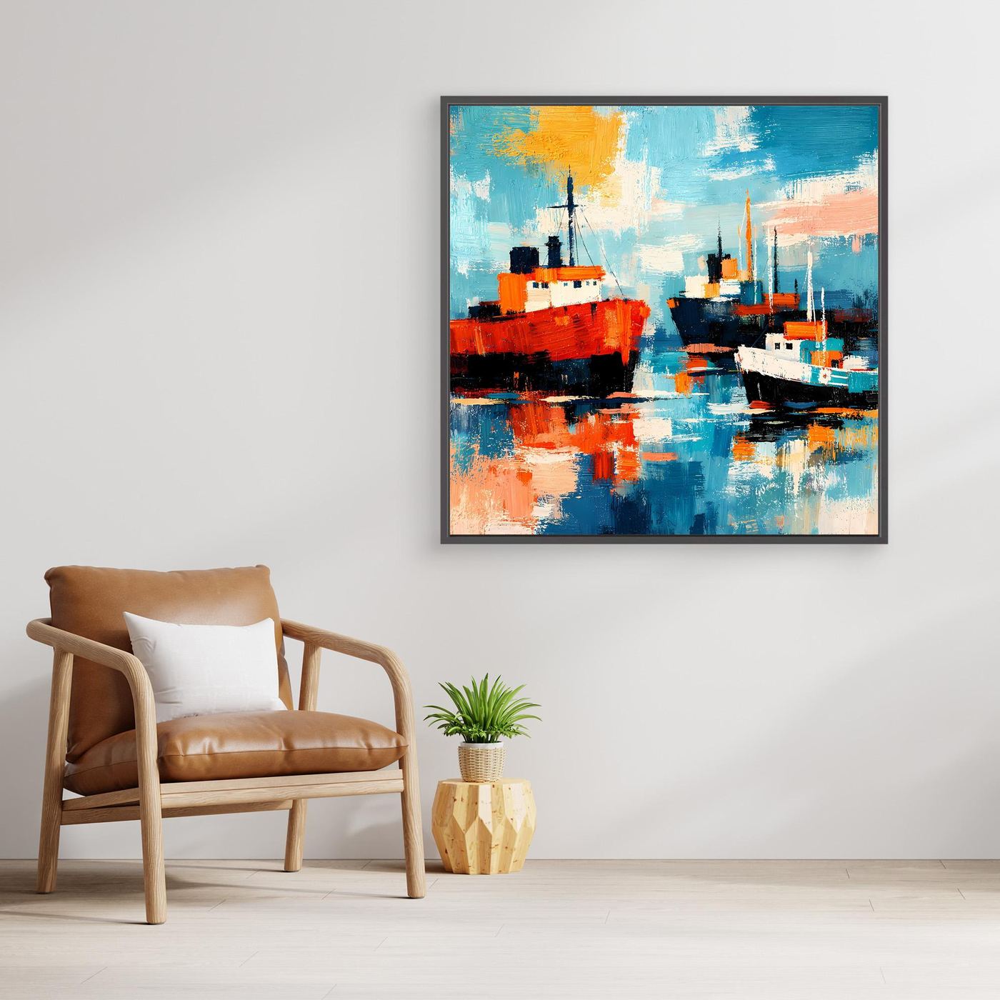 Maritimes Leinwand-Wandbild mit zwei Schiffen im abstrakten Farbspiel, dunkler Rahmen.