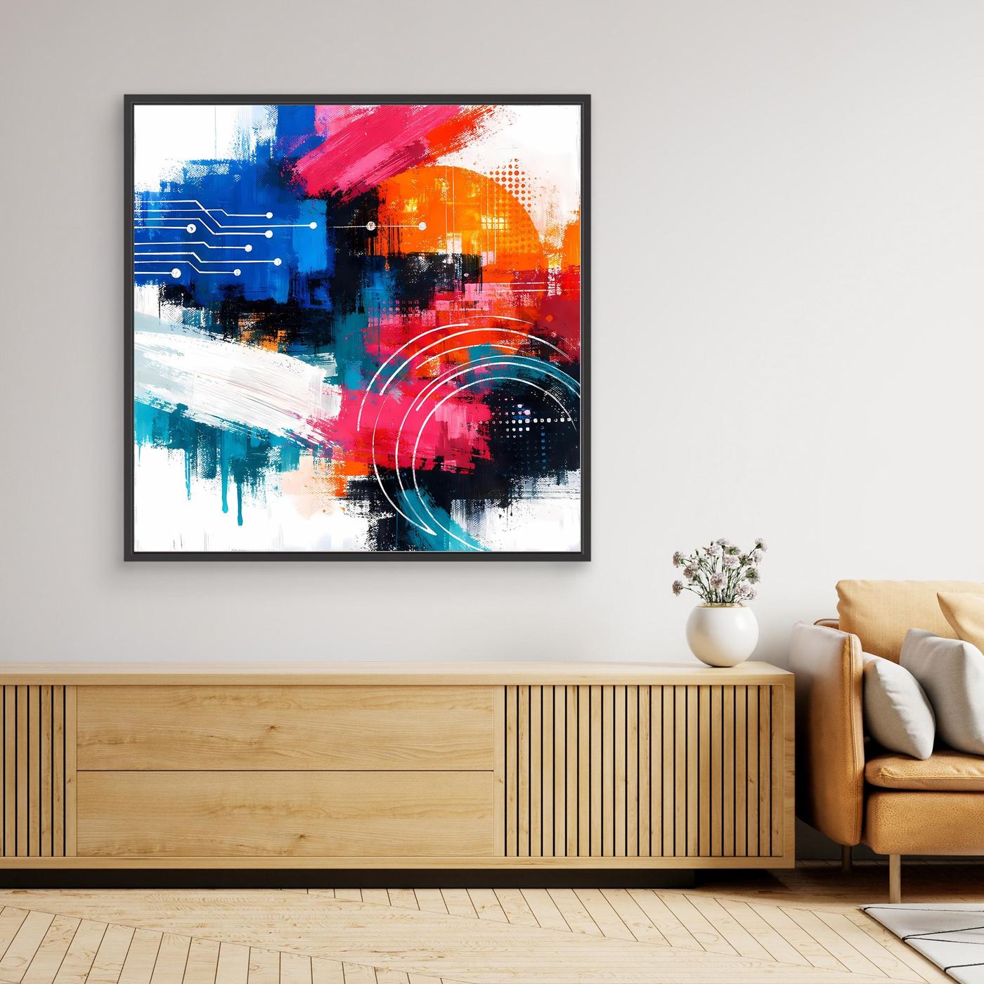 Framed abstract canvas artwork in a black frame with blue, red, orange and circuitry circles