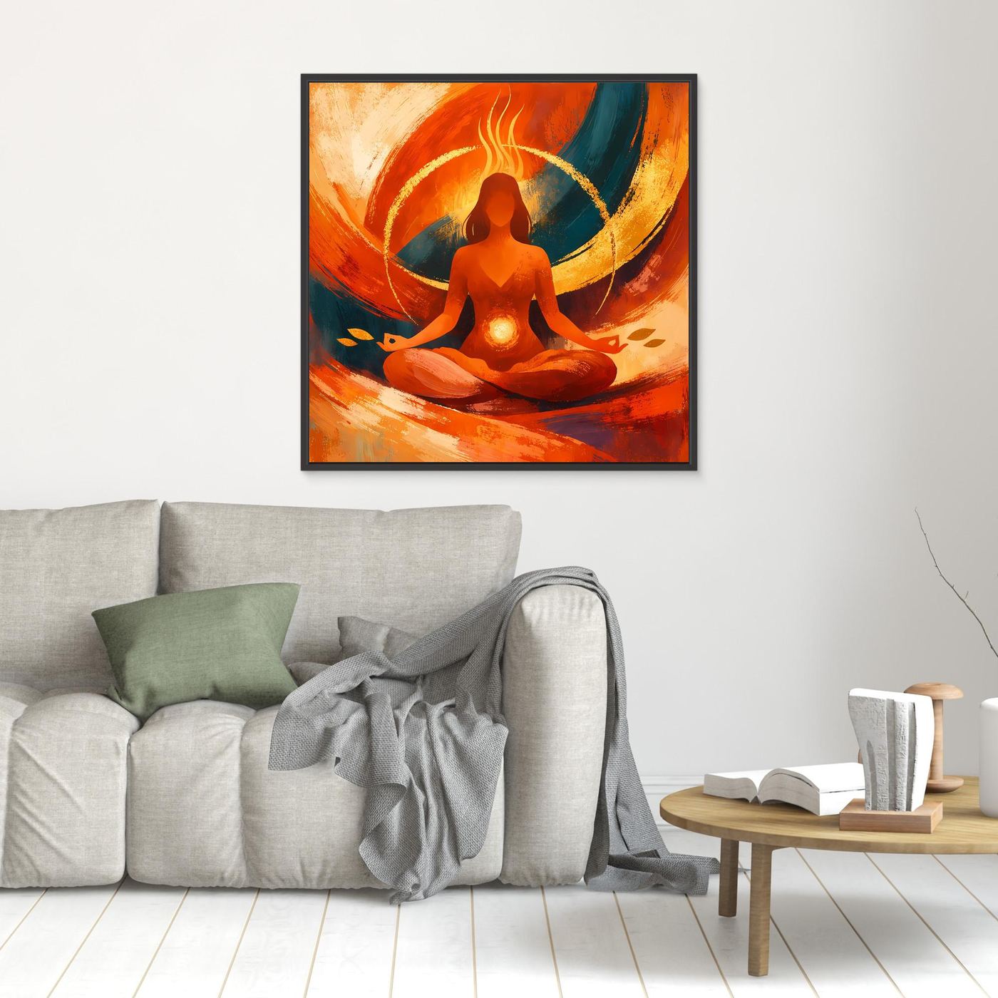 Leinwandbild mit sitzender Meditationsfigur in Orange-Rot und Blau, abstraktes Yoga Motiv, schwarz gerahmt