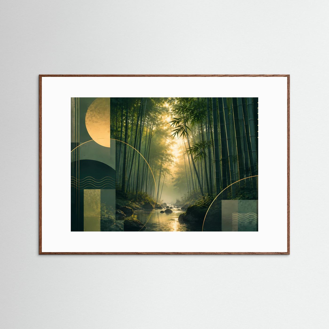 Bambuswald Poster Querformat | Japanische Natur Landschaft in Grün & Gold | Asiatisches Zen Wandbild