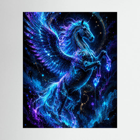 Nahaufnahme: blau leuchtender Pegasus mit Flügeln auf schwarzem Poster, Hochformat