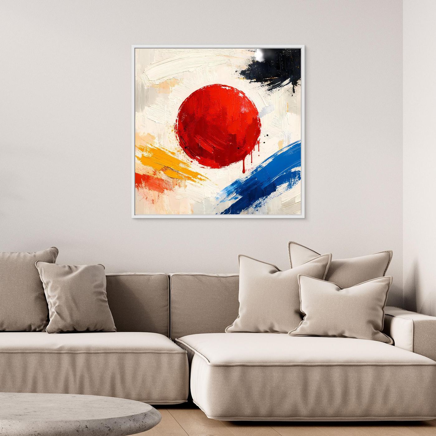 Framed abstract canvas wall art with red circular sun, blue diagonal paint strokes on white.