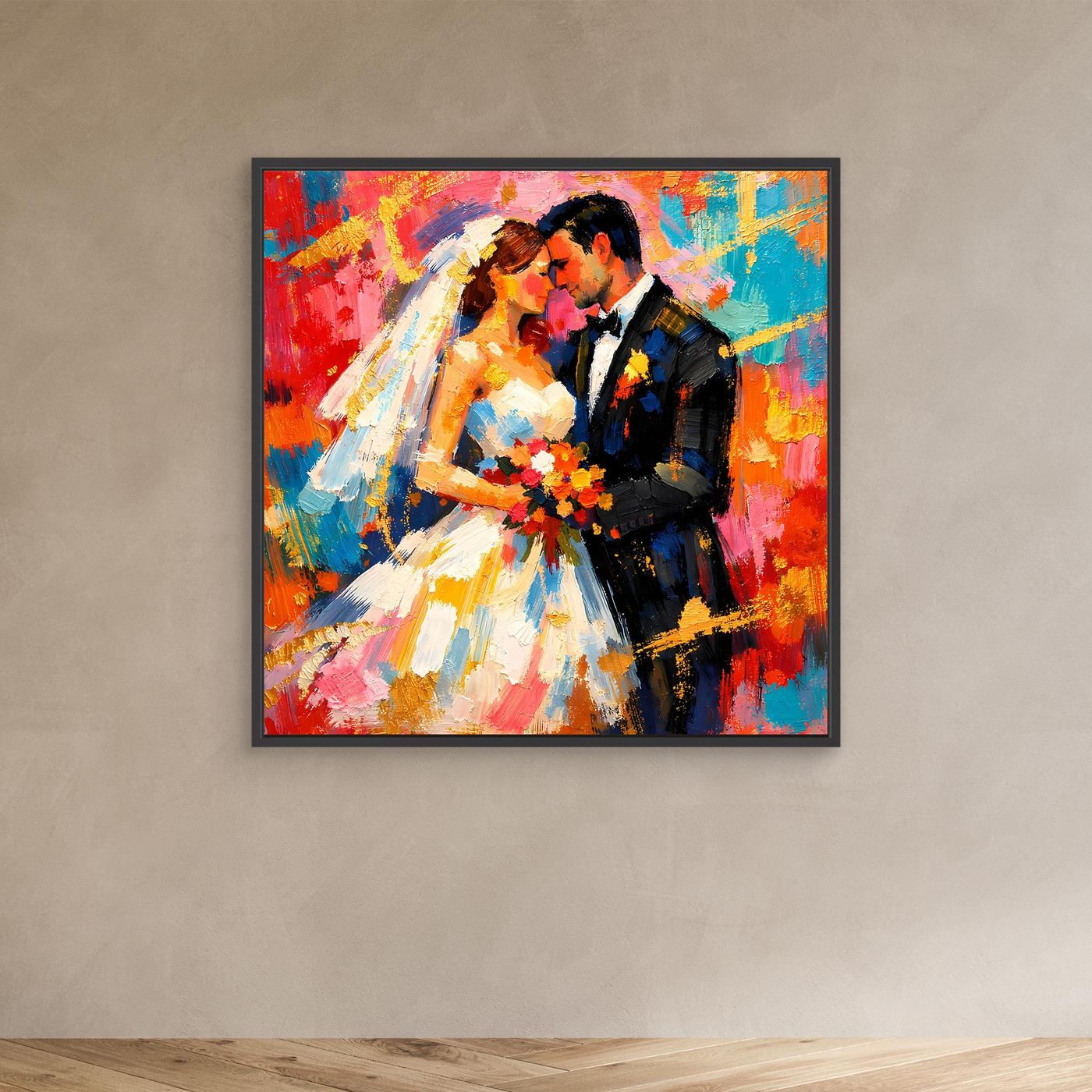 Leinwandbild mit romantischem Brautpaar im schwarzen Rahmen, abstraktes buntes Hochzeitmotiv