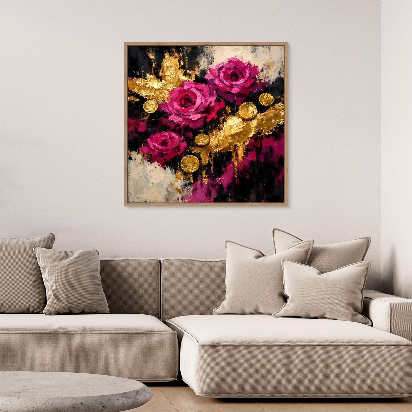 Leinwand Elegante Rosen in Magenta | Abstraktes Blumen Wandbild Gold