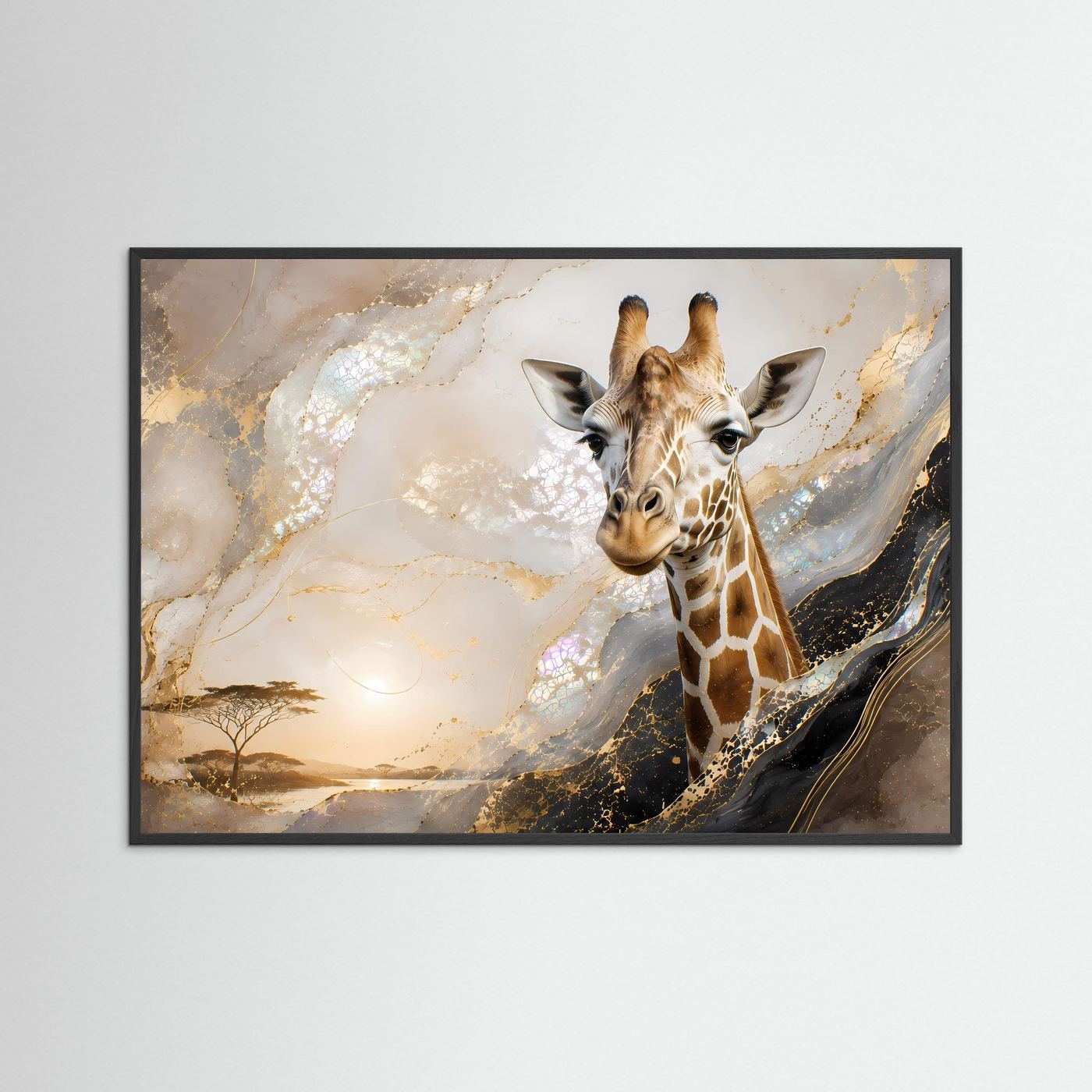 Abstrakte Safari-Wandkunst mit Giraffenmotiv, schwarzer Rahmen, Gold-Perlmutt-Töne