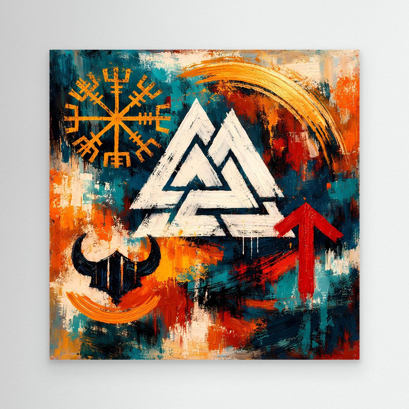 Leinwand-Wandbild mit abstrakten Wikinger-Symbolen: Valknut, Runen und Pfeil nach oben
