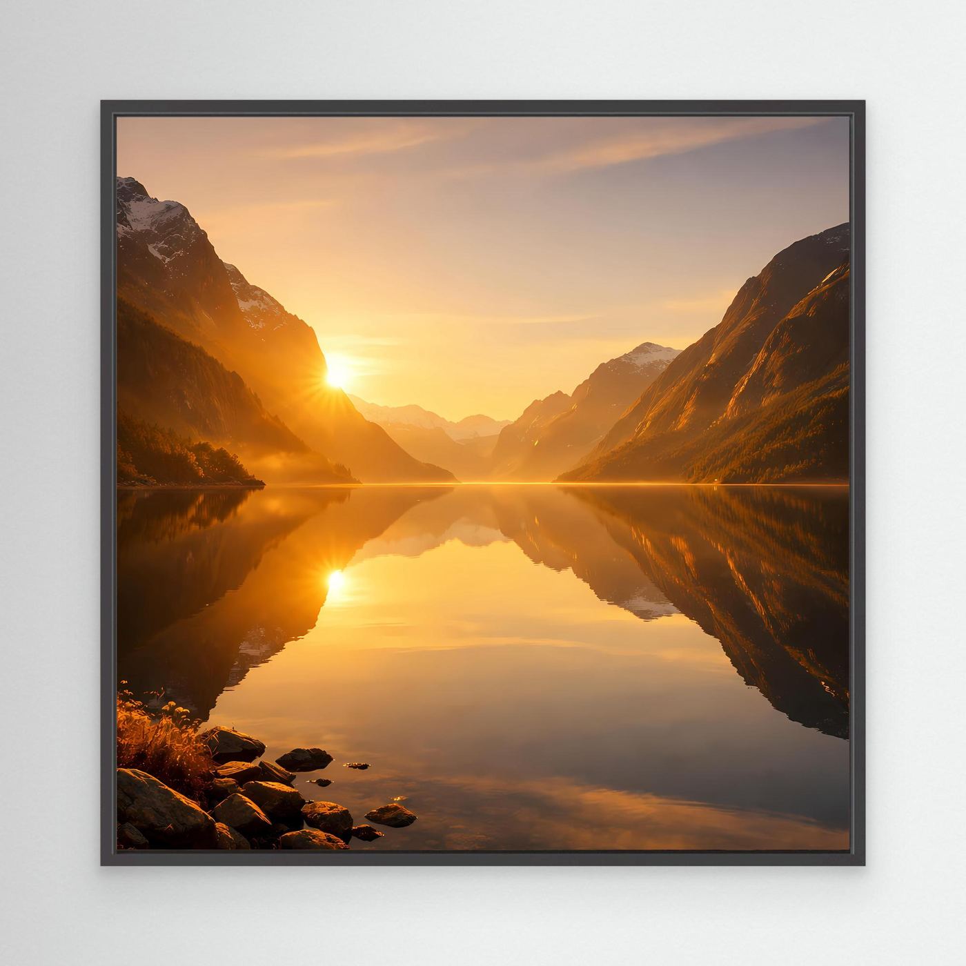 Leinwandbild im schwarzen Rahmen mit goldenem Fjord, Bergen und Sonnenaufgang im See