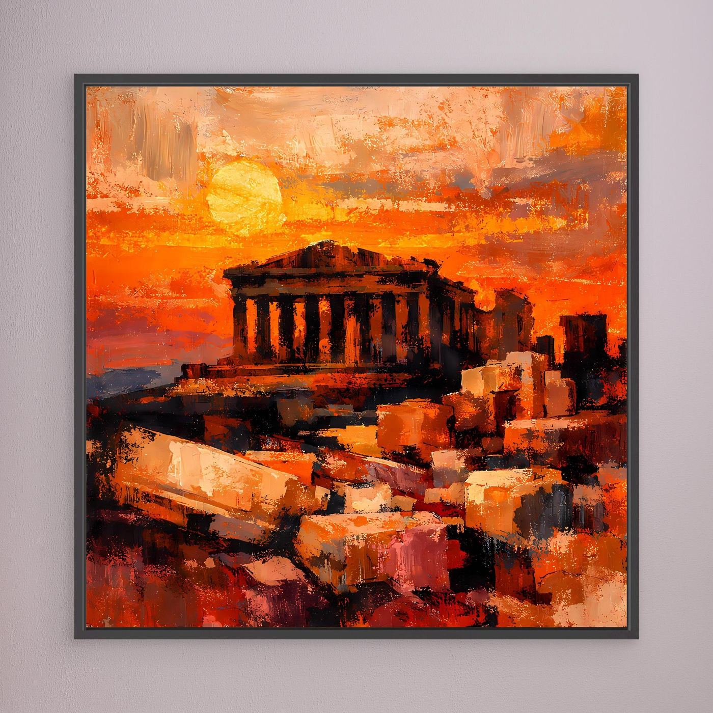 Leinwand-Wandbild mit abstrakter Akropolis-Silhouette in Orange- und Rottönen, dunkelgrauer Rahmen