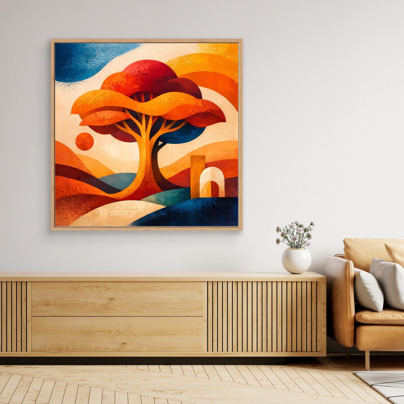 Gerahmtes Leinwandbild mit abstraktem Lebensbaum: orangefarbene Krone, blaue Linien und Schatten