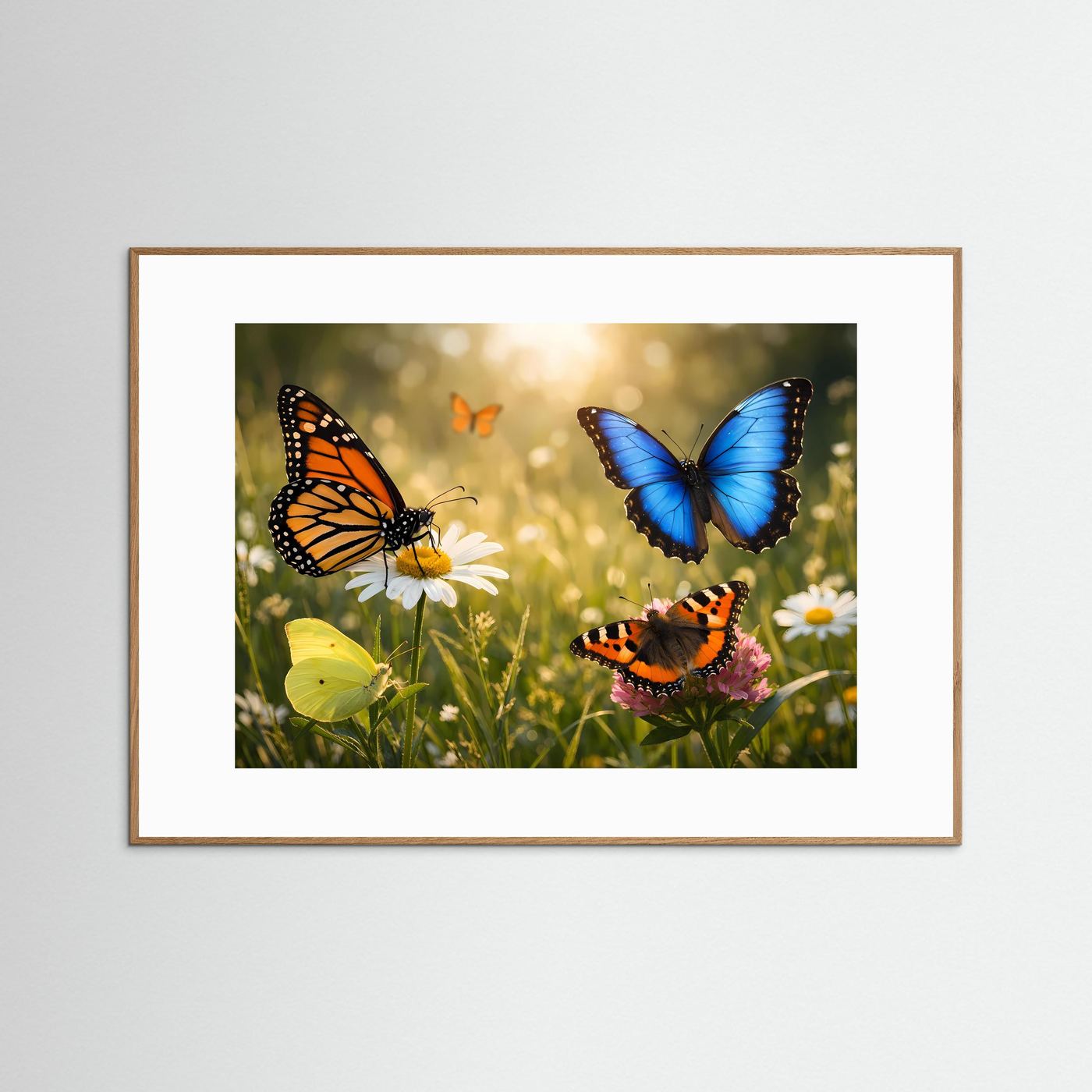 Gerahmter Schmetterlings-Print im Querformat mit braunem Rahmen und blauem Schmetterling rechts.