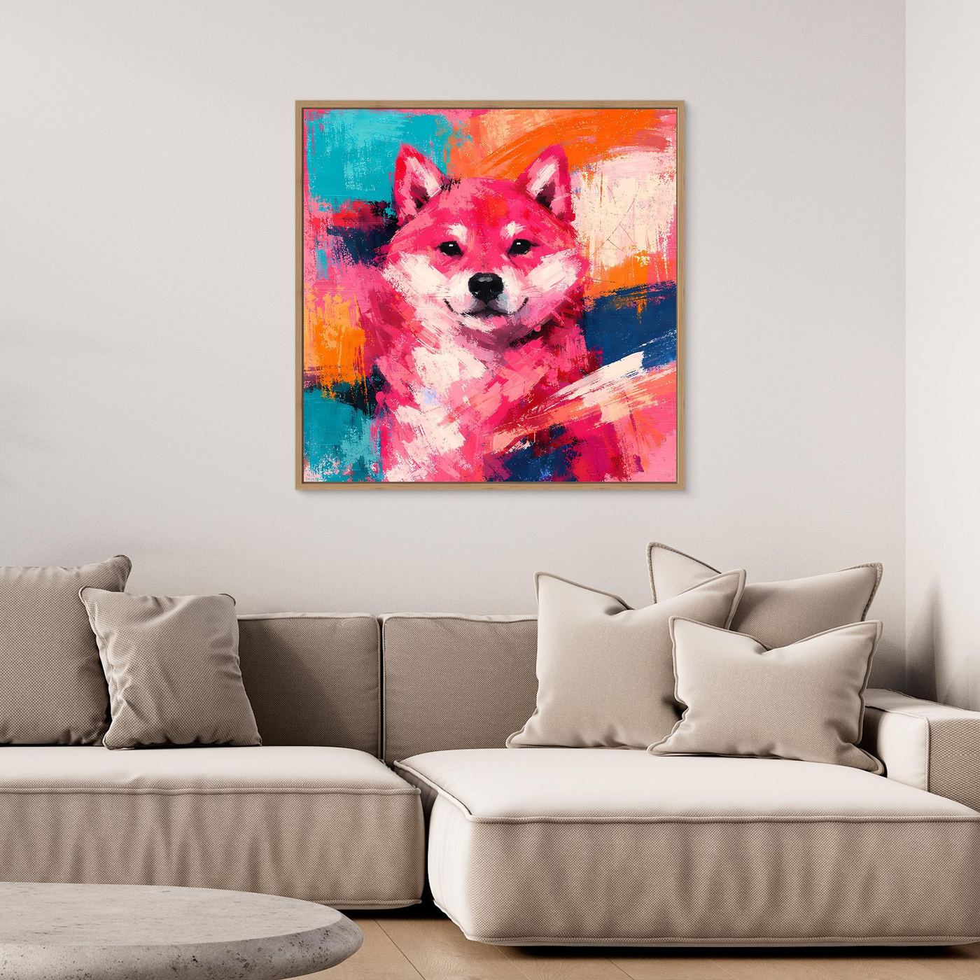 Pop-Art-Wandbild mit Shiba Inu, kräftige Farben, brauner Rahmen