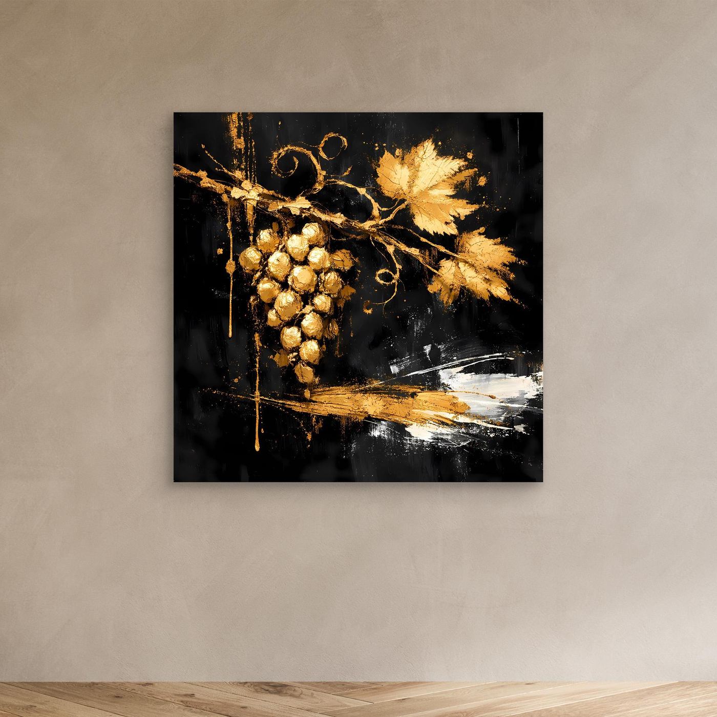 Leinwand Goldene Weintrauben auf Schwarz | Modernes Luxus Wandbild Küche & Wohnzimmer