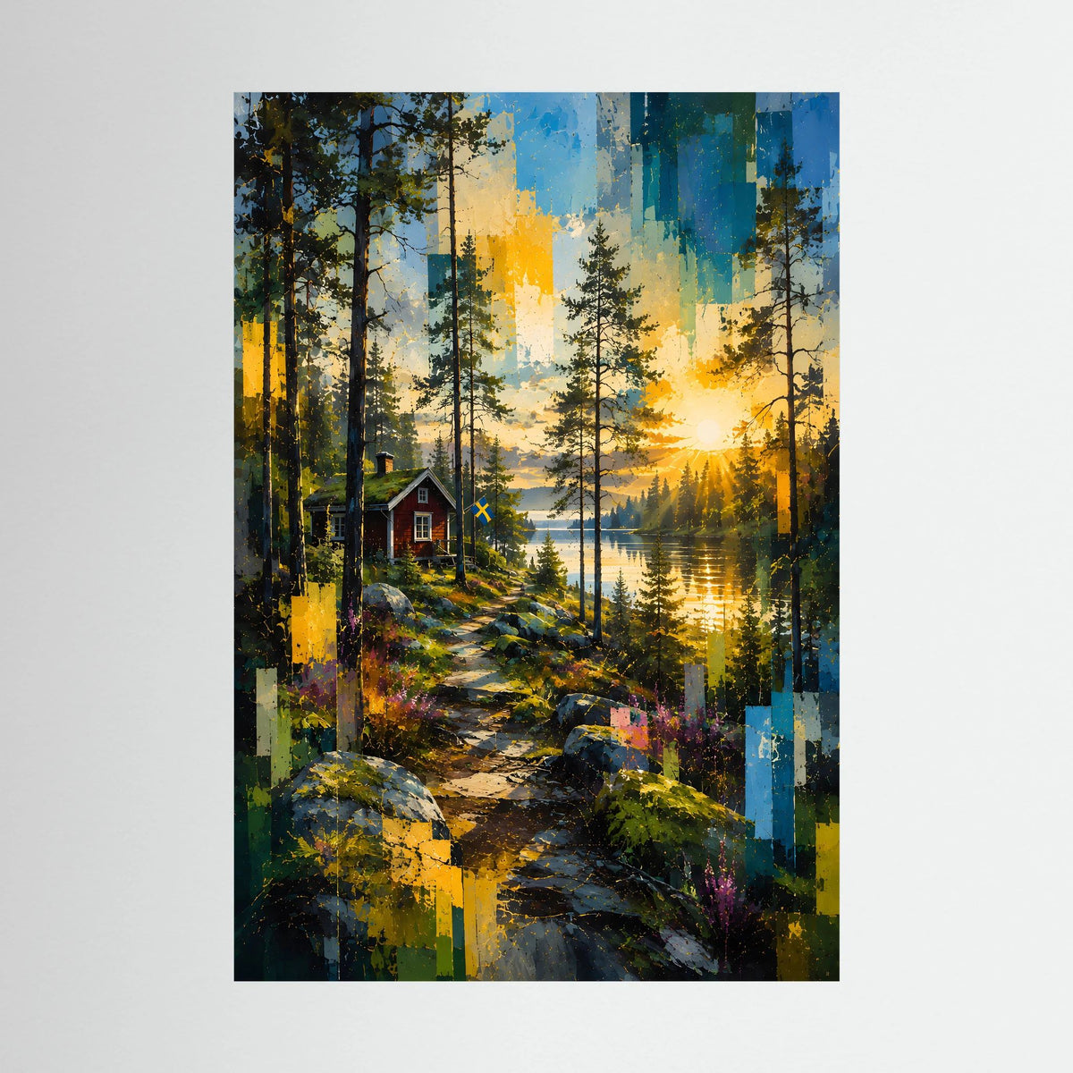 Hochformatiges Poster mit Wald am See, Sonnenuntergang und rotem Haus