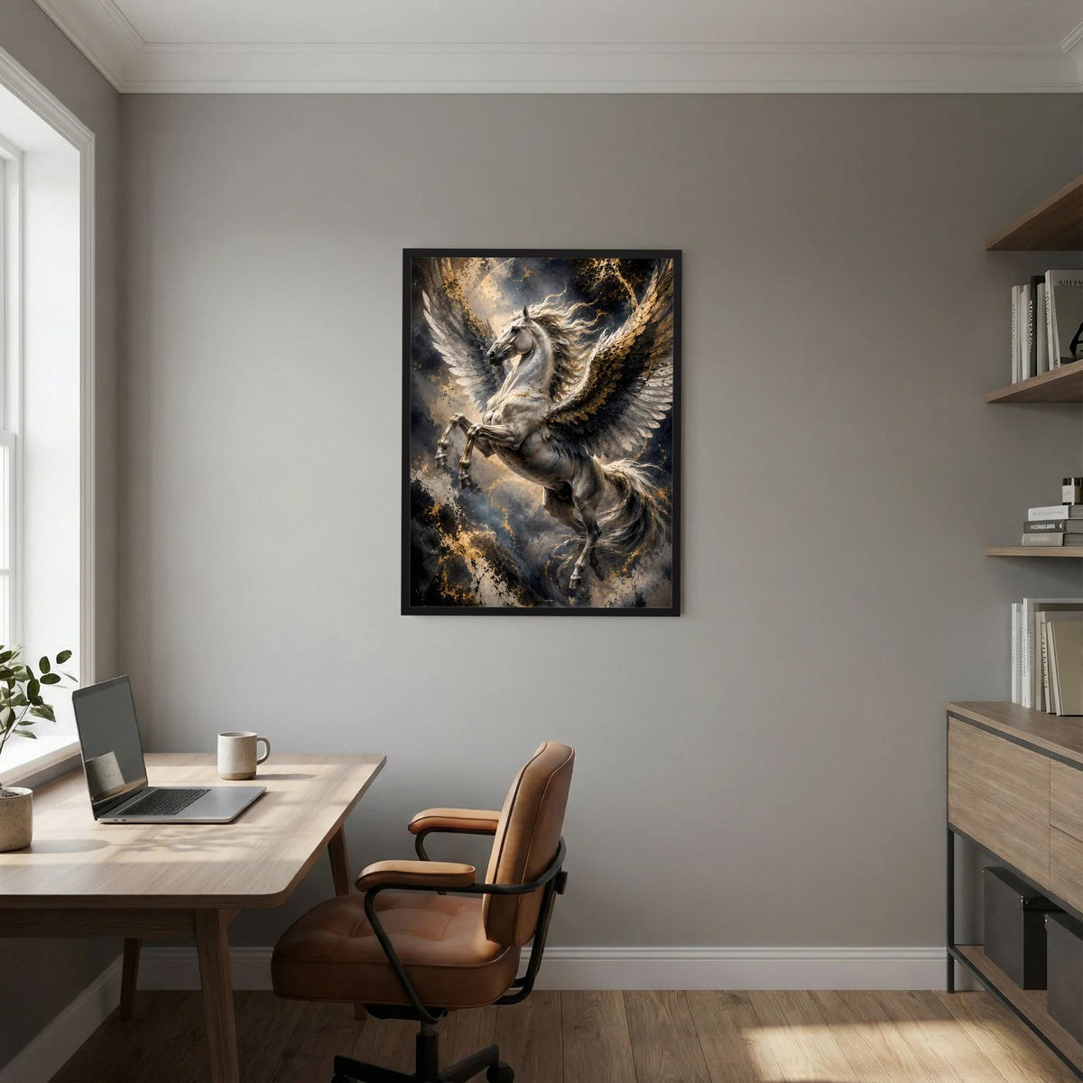Hochformat-Poster mit schwarzem Pegasus und goldener Flügelkontur im schwarzen Rahmen