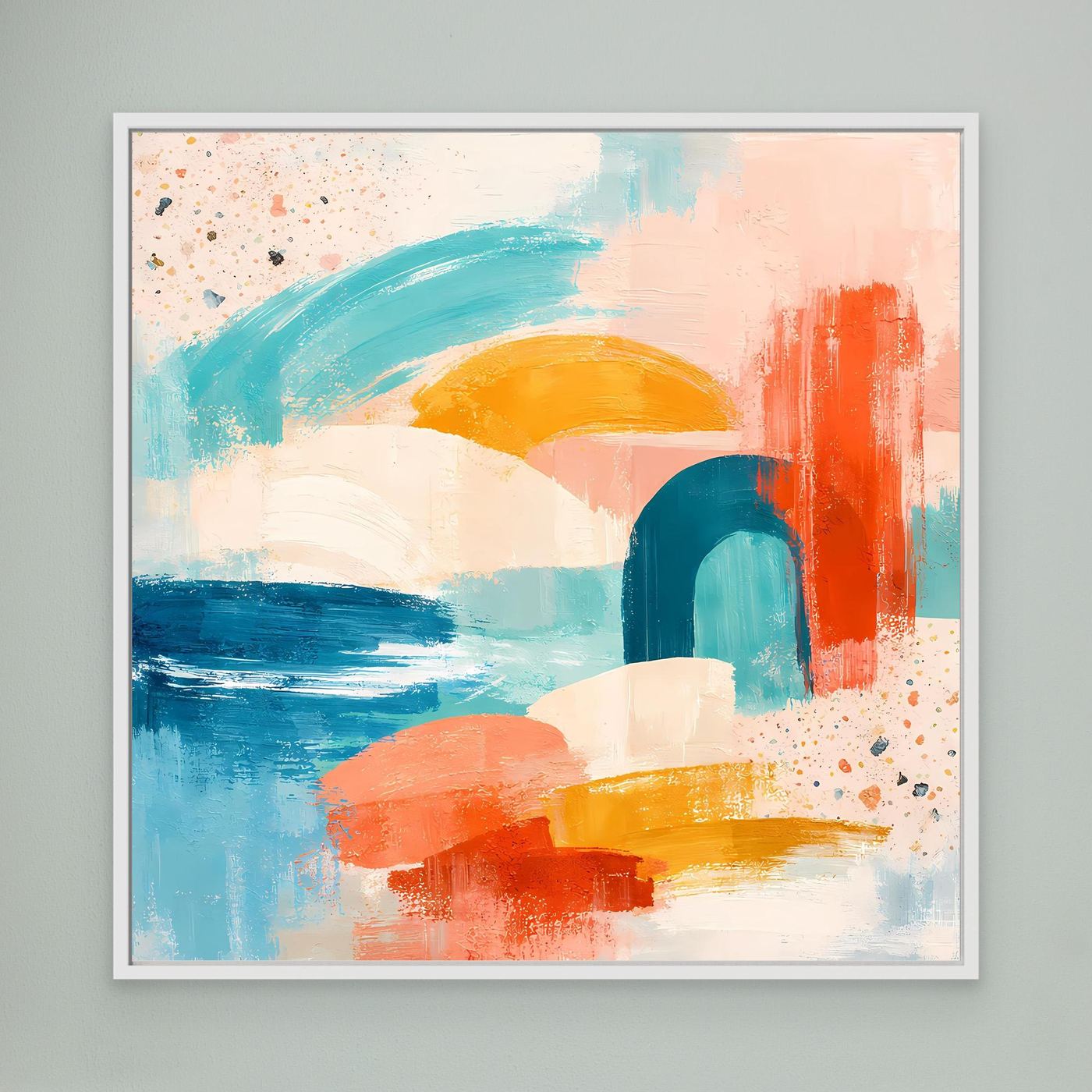 Framed abstract pastel canvas with teal, coral, blue, and yellow brushstrokes and blocks.