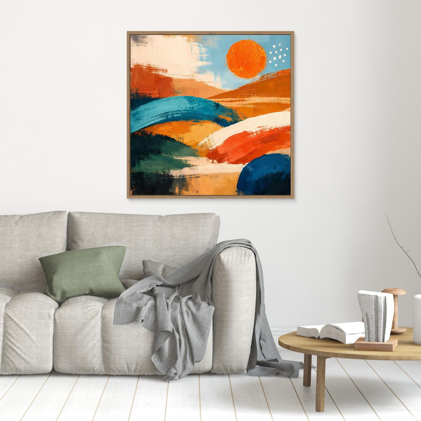 Small framed canvas wall art with wood border, abstract orange and blue hills