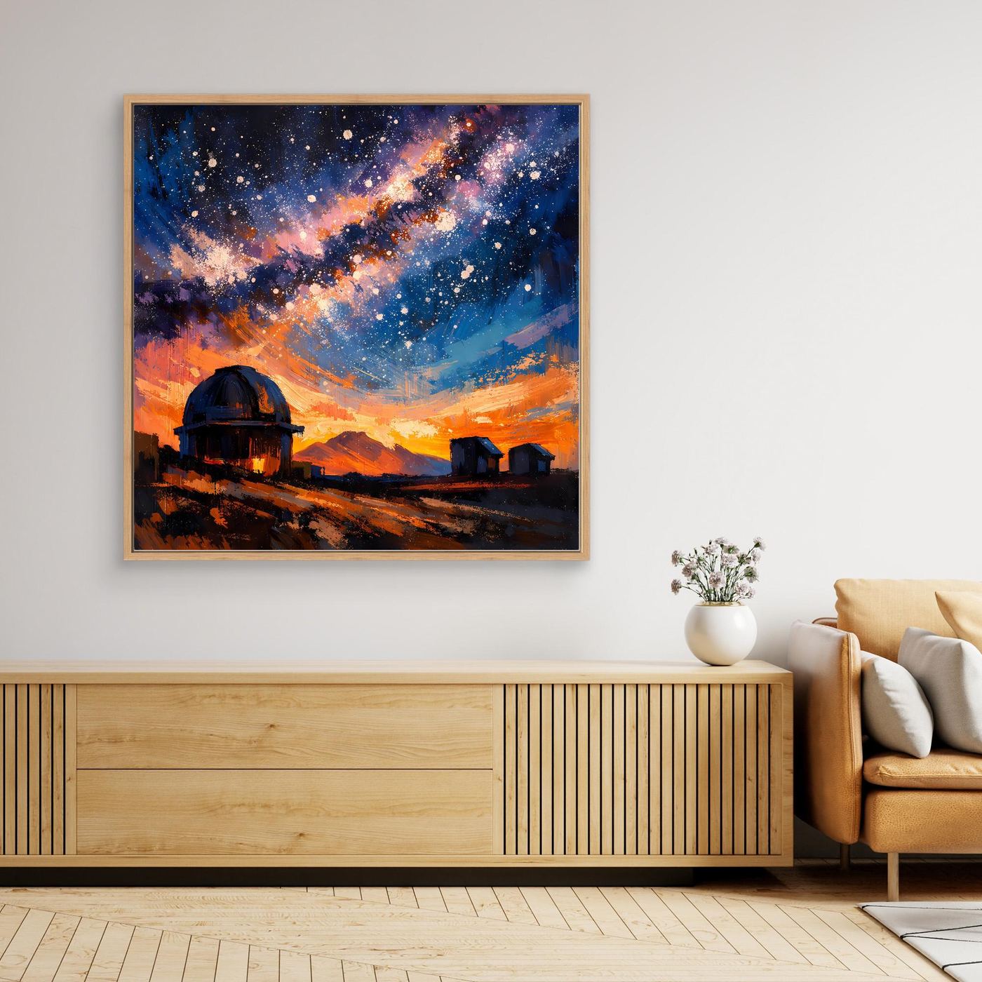 Leinwand-Wandbild mit Sternenlinie der Milchstraße, Sternwarte und orange-blauem Himmel