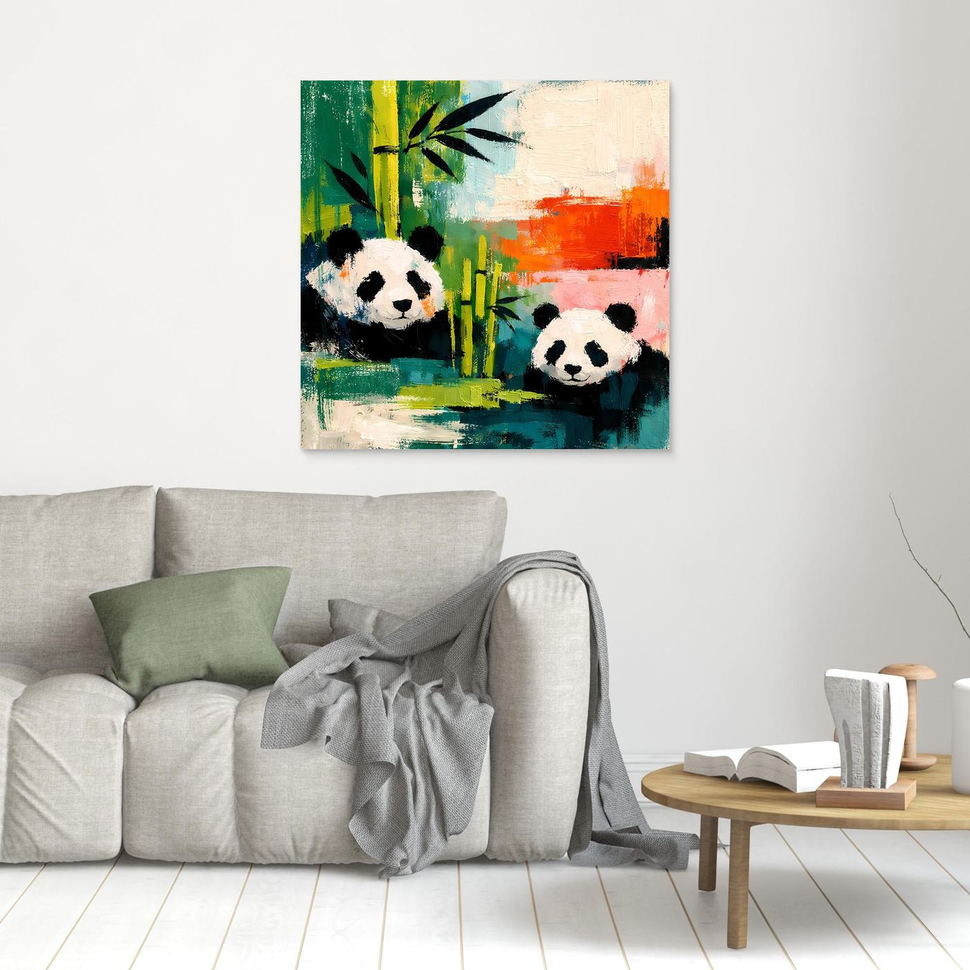 Panda and bamboo abstract canvas wall art in a small light frame