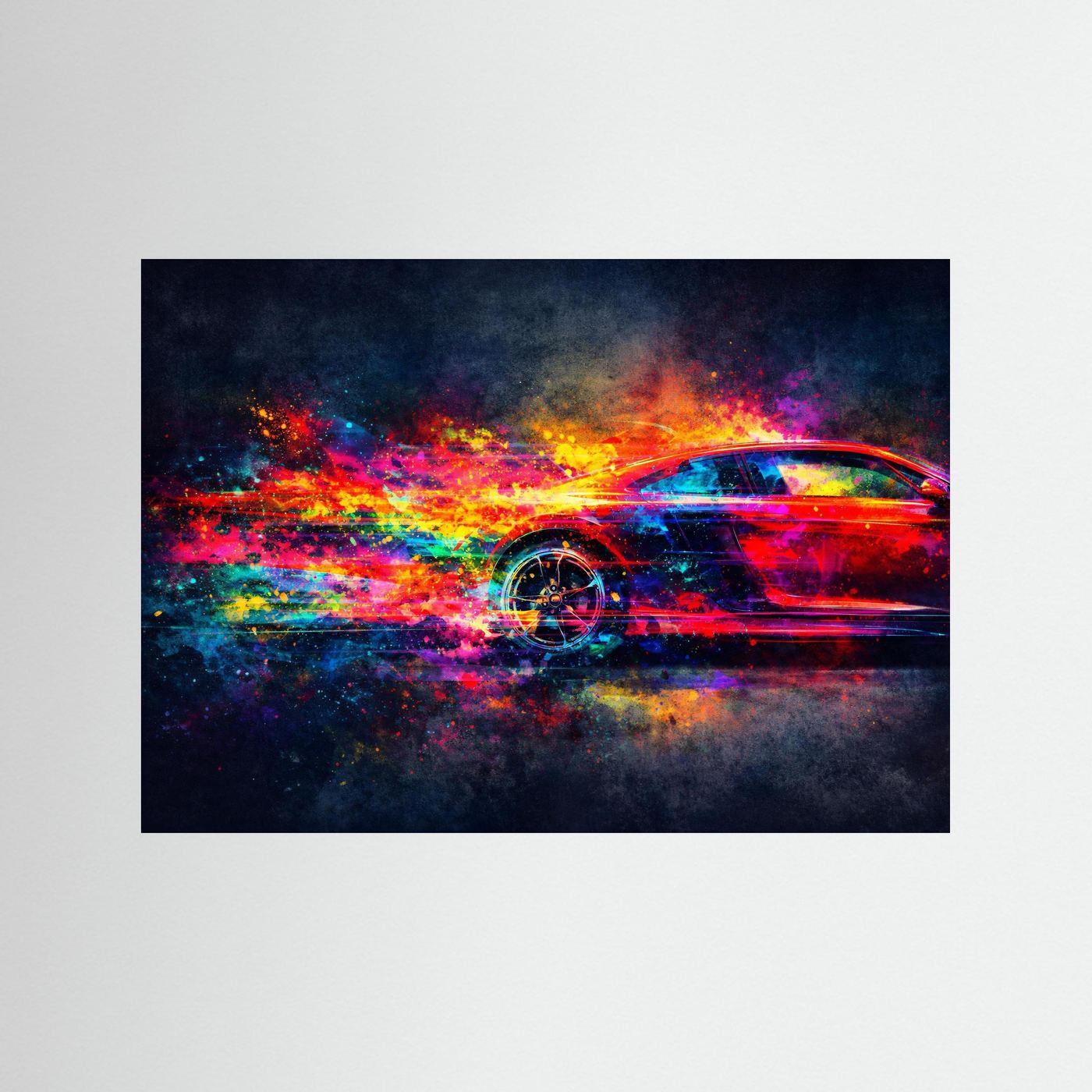 Dynamischer Sportwagen in Neon Farben | Abstrakte Auto Kunst & Bunt Wandbild Querformat