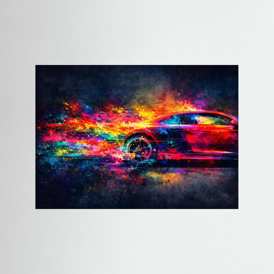Abstraktes Sportwagen-Wandbild querformat in Neonfarben auf dunklem Hintergrund