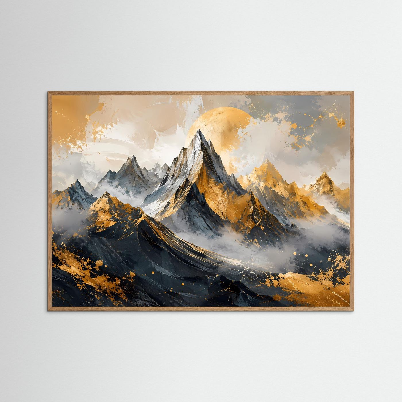 Goldene Berglandschaft Poster | Abstrakte Berge Wandbild | Moderne Fine Art | Luxus Landschaft Kunst | Panorama Leinwand