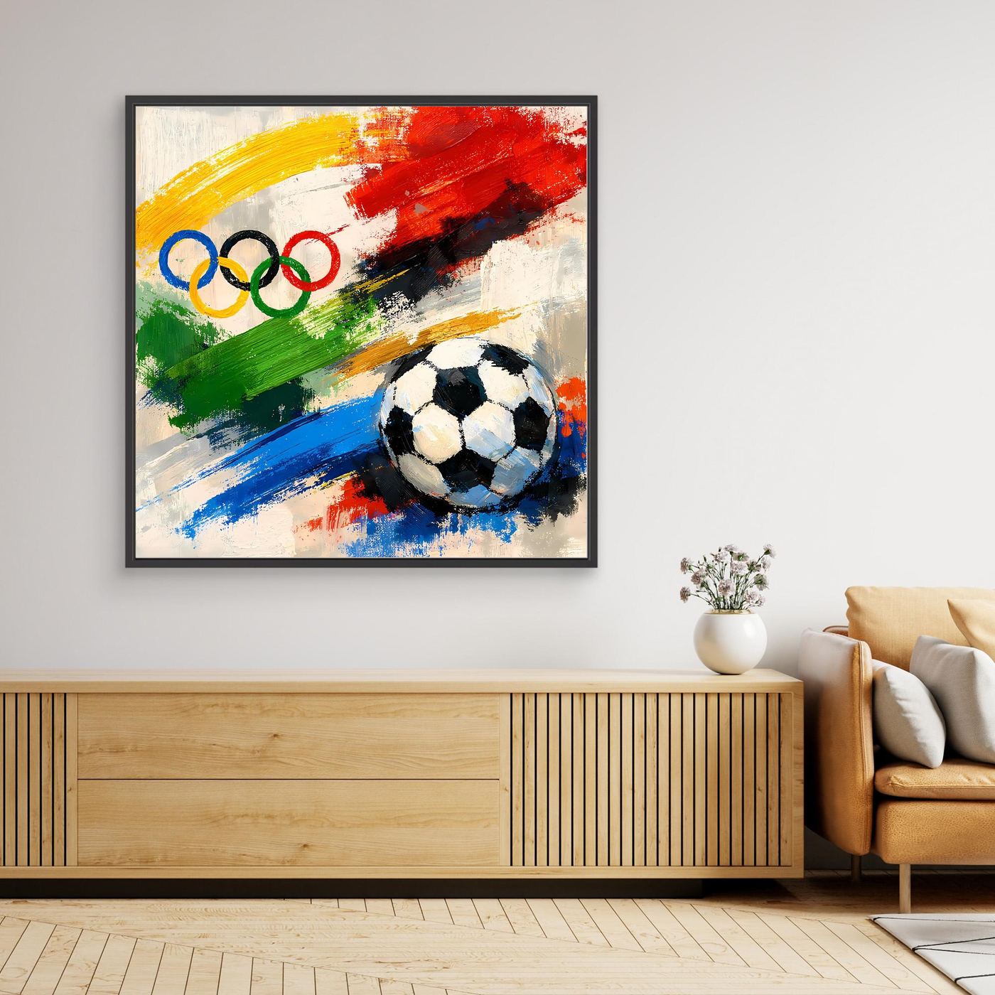Leinwandbild im schwarzen Rahmen mit Fußball und Olympischen Ringen, buntes Motiv