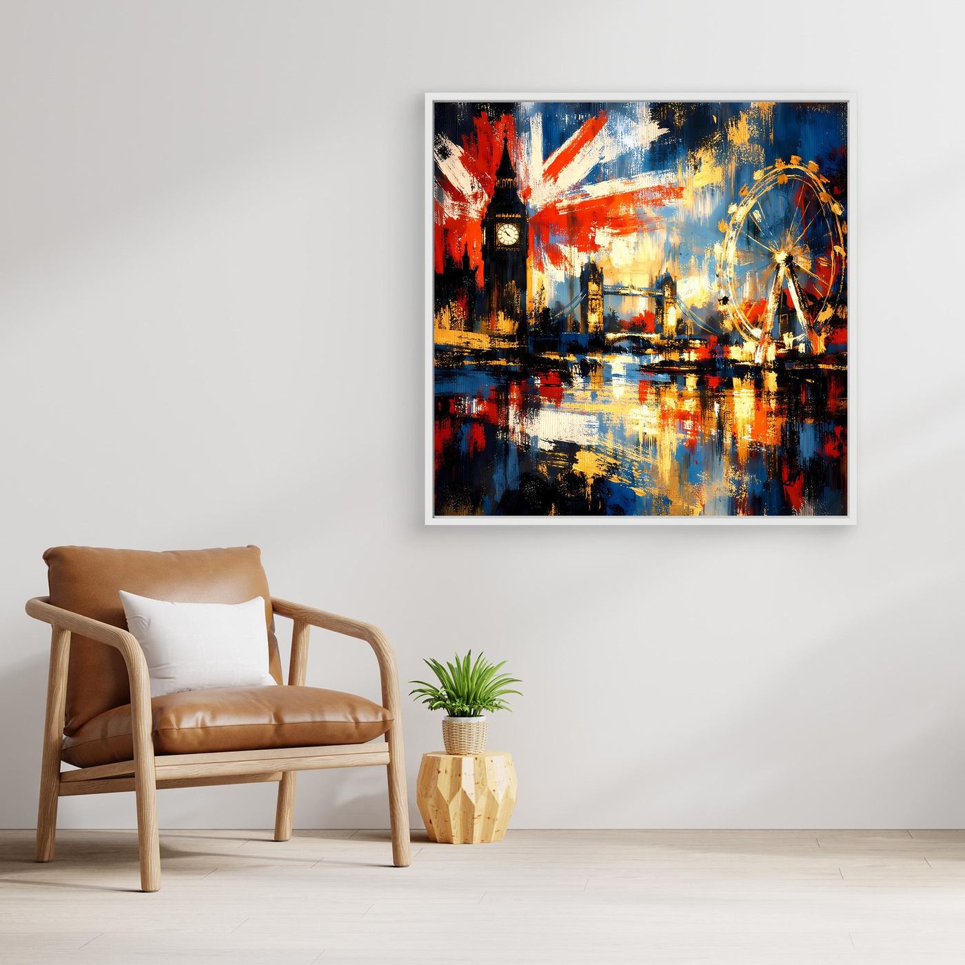 Gerahmtes abstraktes Leinwandbild mit britischer Flagge, London-Skyline und bunten Reflexionen