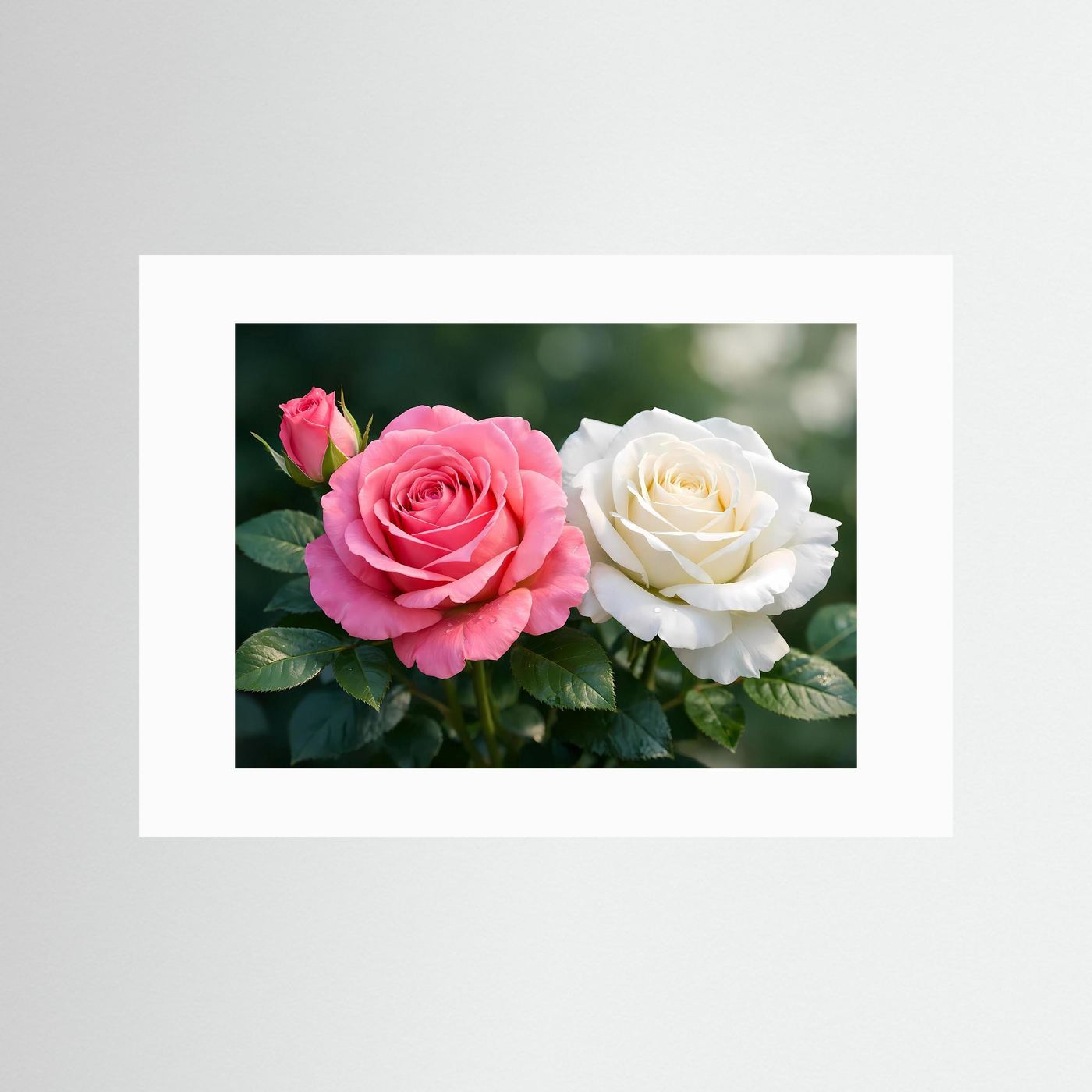 Blumenposter mit rosa und weißer Rosenblüte, ohne Rahmen