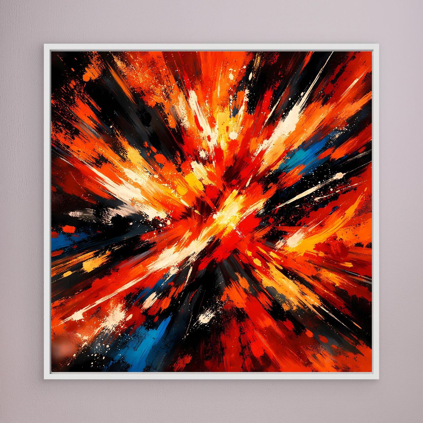 Abstraktes Leinwandbild mit Farbexplosion in Orange, Rot, Gelb und schwarzen Strahlen im weißen Rahmen.