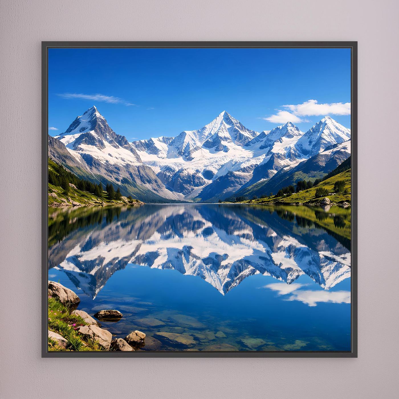Leinwandbild Alpen-Bergsee mit Spiegelung und Bergpanorama, dunkler Rahmen