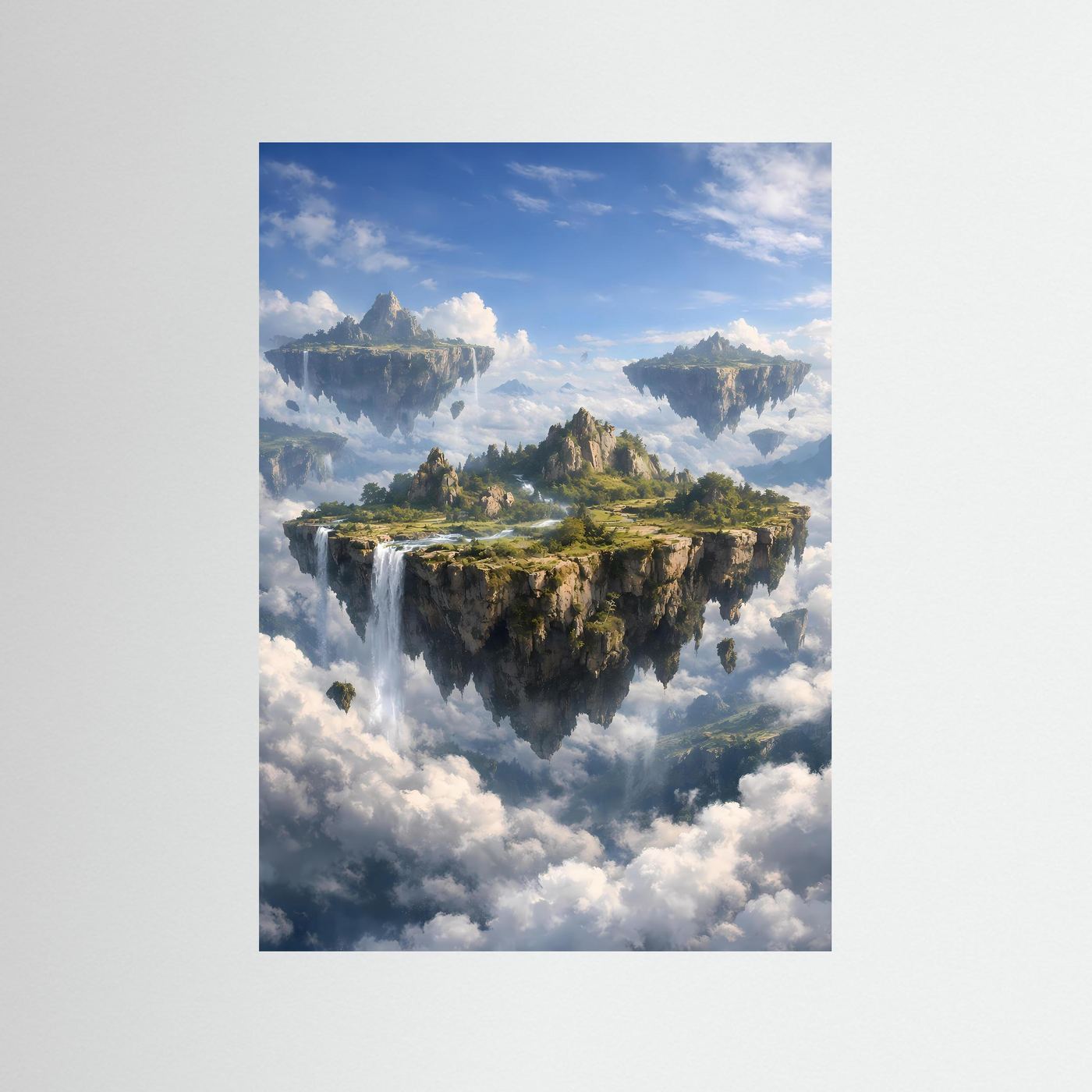 Hochformatiges Fantasy-Poster mit Wasserfall und schwebender Insel über Wolken.