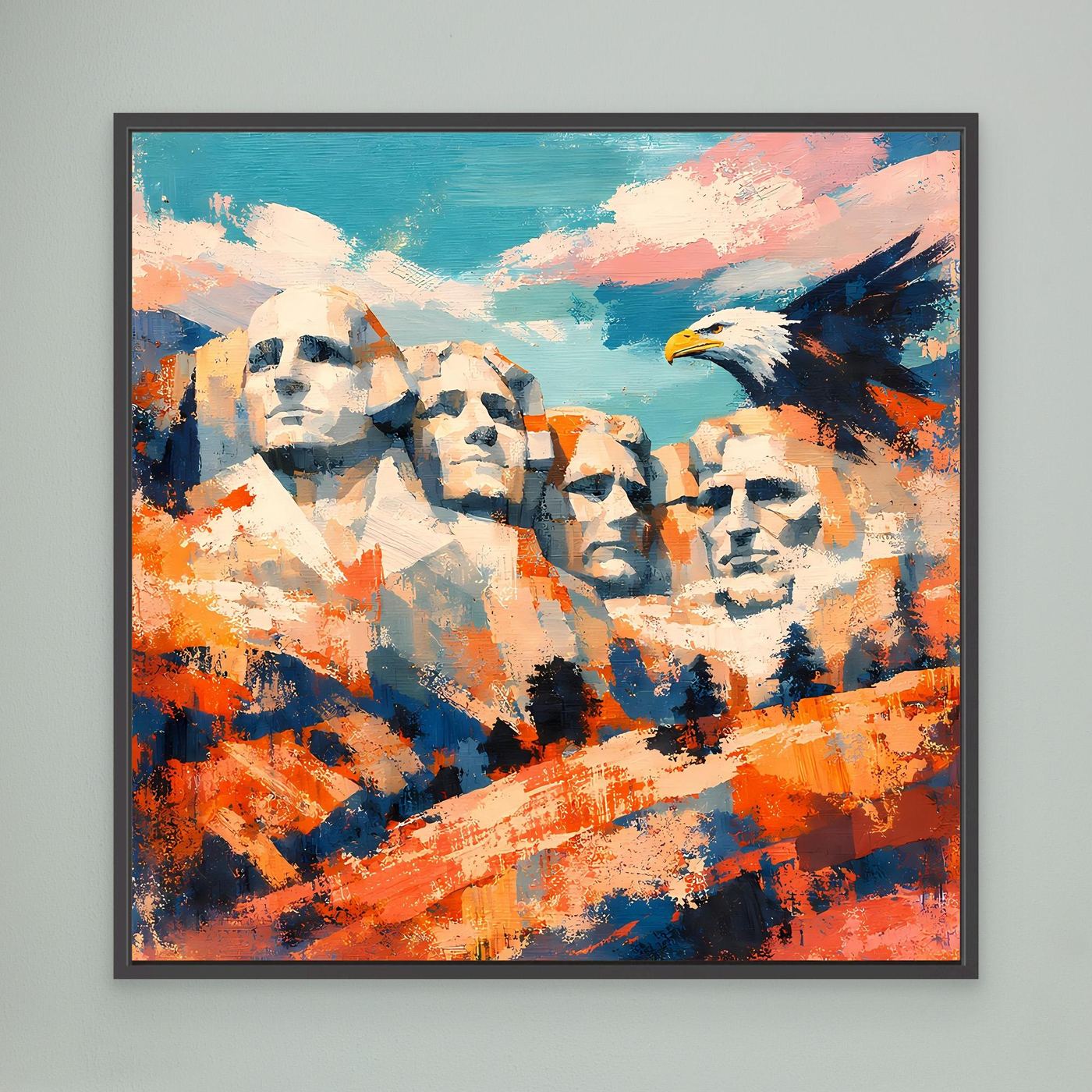 Abstraktes Leinwand-Wandbild mit Mount-Rushmore-Gesichtern und Adler, schwarz gerahmt